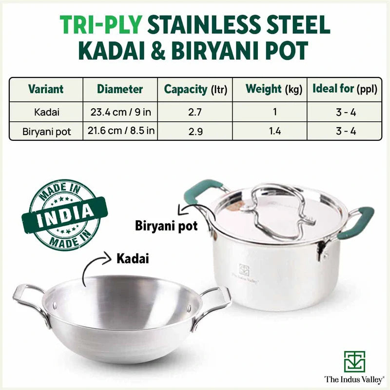 The Indus Valley TurboCuk Tri-ply Stainless Steel Cokware Set: Free ₹600 Wooden Board+ Kadai+ Biryani Pot, Premium Quality, 3 Layer Thick Body, 100% T - view 3