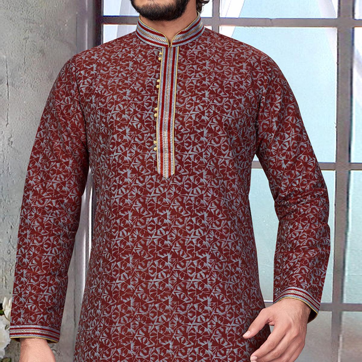 Peachmode Seller Maroon Printed Jacquard Kurta Pyjama Set - view 3