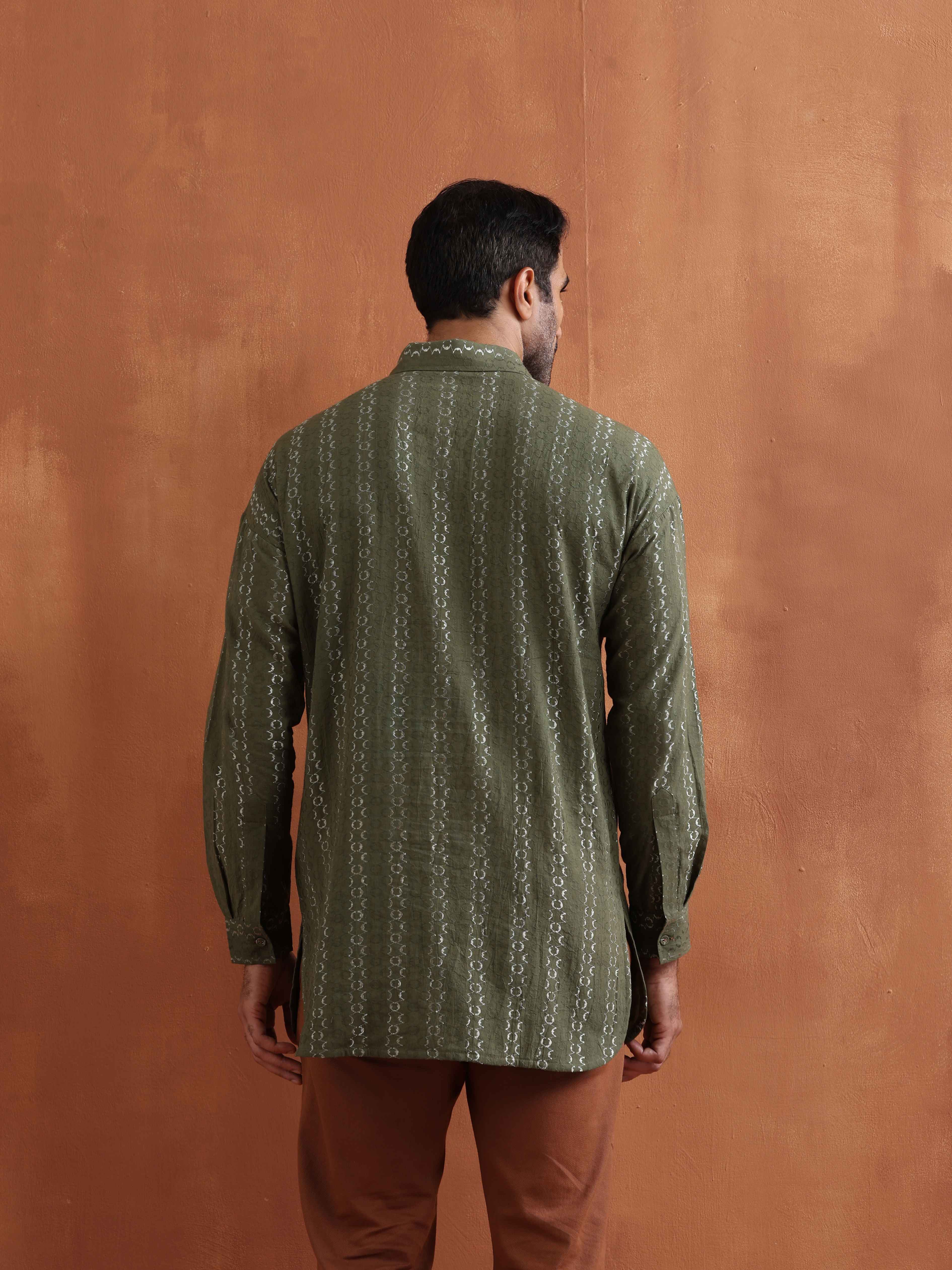 trueBrowns Men's Olive Green Cotton Dobby Short Kurta - view 4