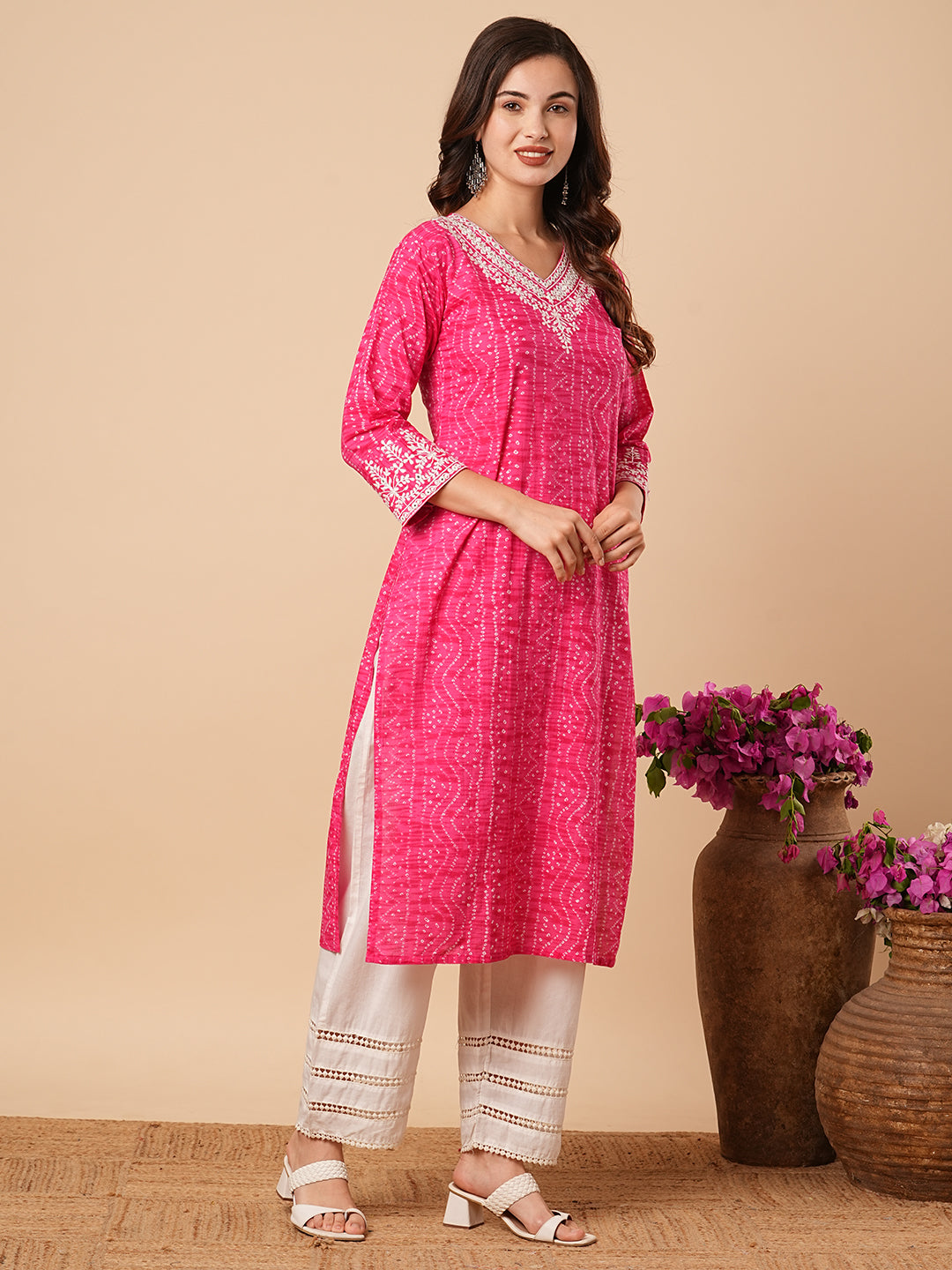 Fashor Bandhani Printed Ethnic Embroidered Straight Fit Kurta - Pink - view 5