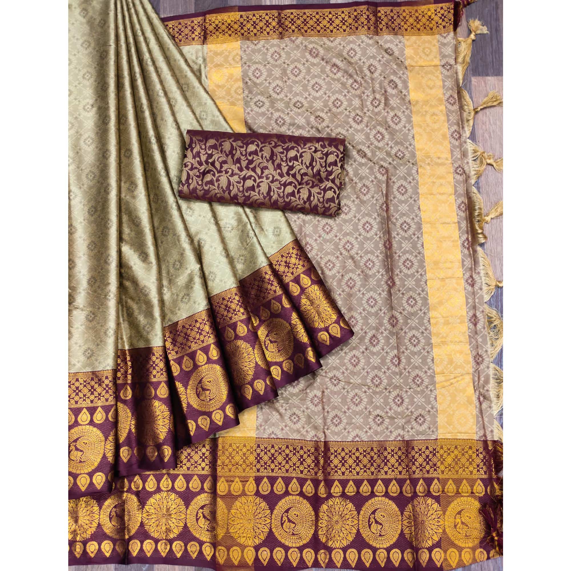 Peachmode Chikoo Woven Cotton Silk Saree With Tassels - view 3