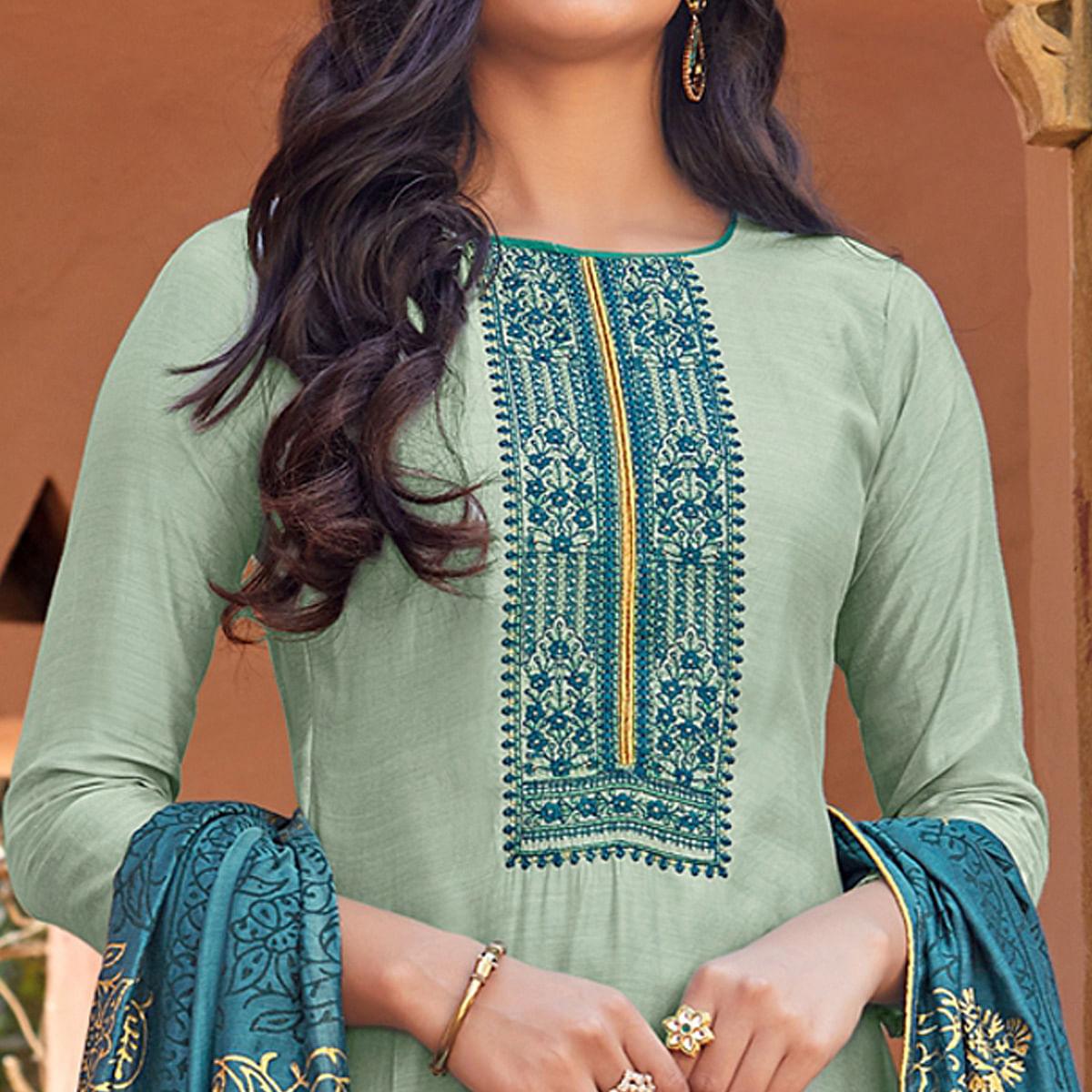 Peachmode Light Blue Festive Wear Embroidered Viscose Cotton Silk Salwar Suit - view 2
