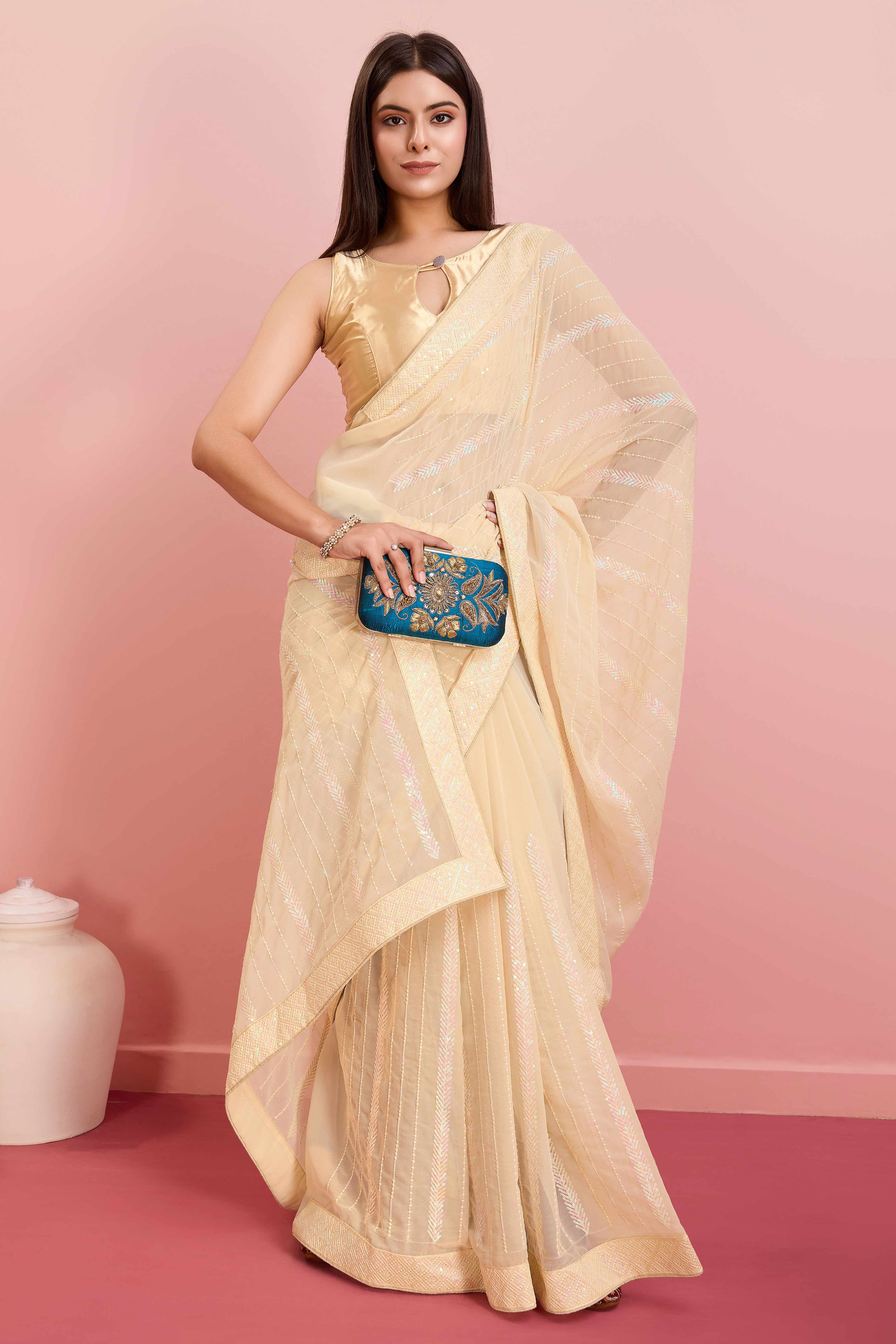 Peachmode Cream Sequins Embroidered Georgette Saree - view 4