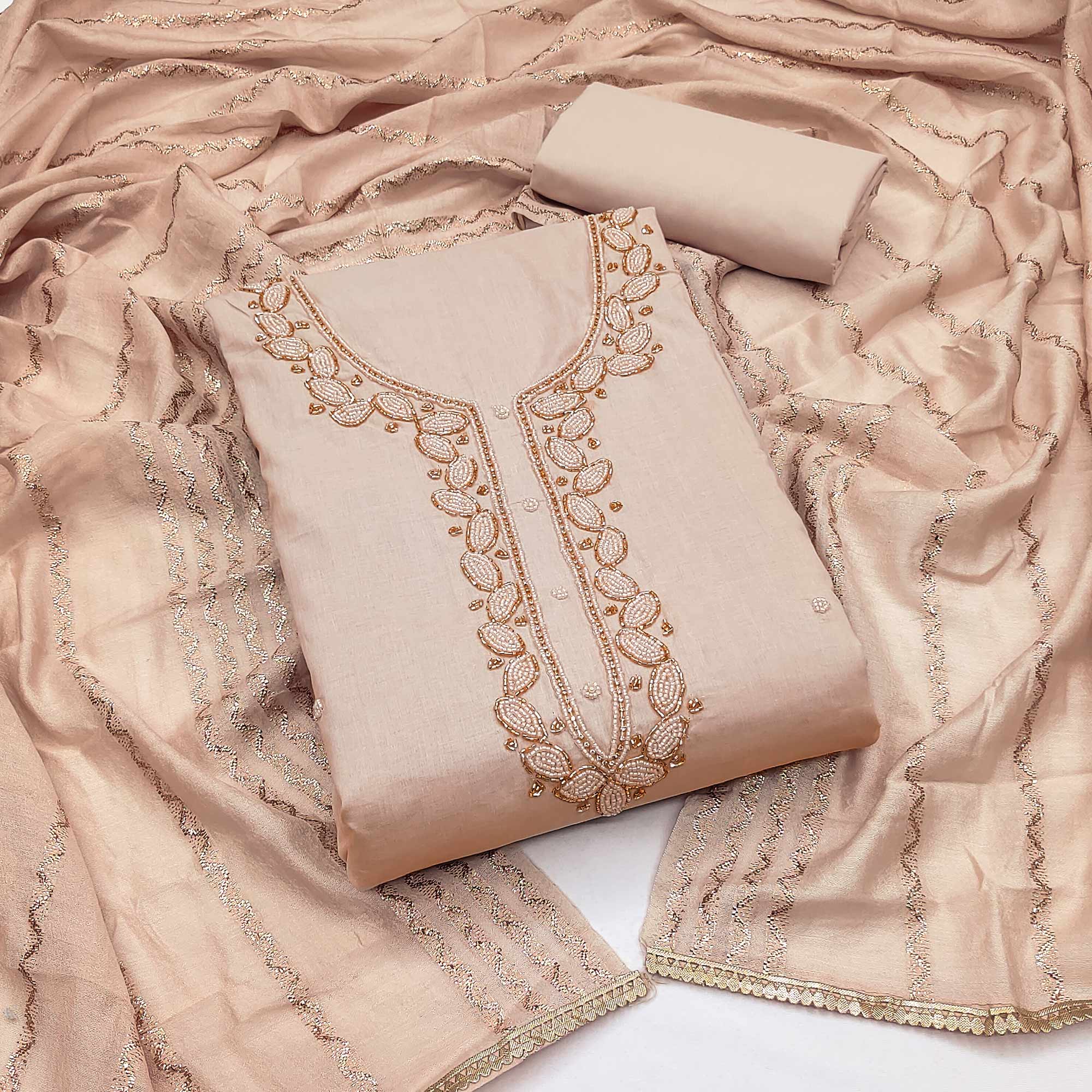 Peachmode Chikoo Zardosi Moti Work Pure Cotton Dress Material