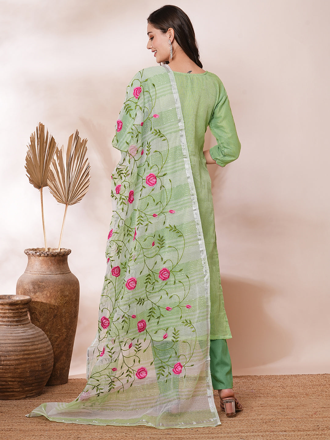 FASHOR Solid Floral Embroidered Straight Fit Kota Doriya Kurta with Dupatta & Pant - Green - view 6