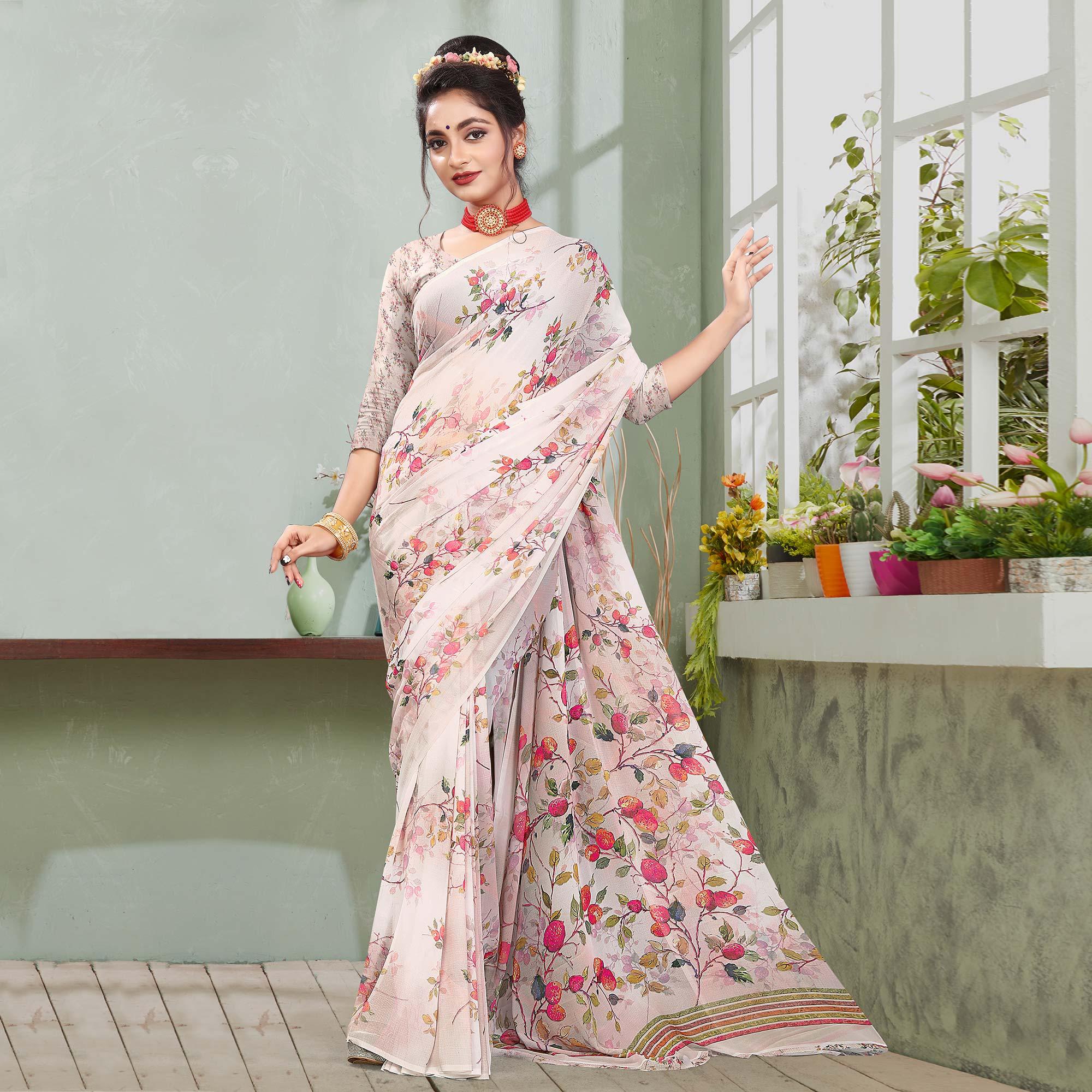 Peachmode Light Pink Digital Printed Georgette Saree