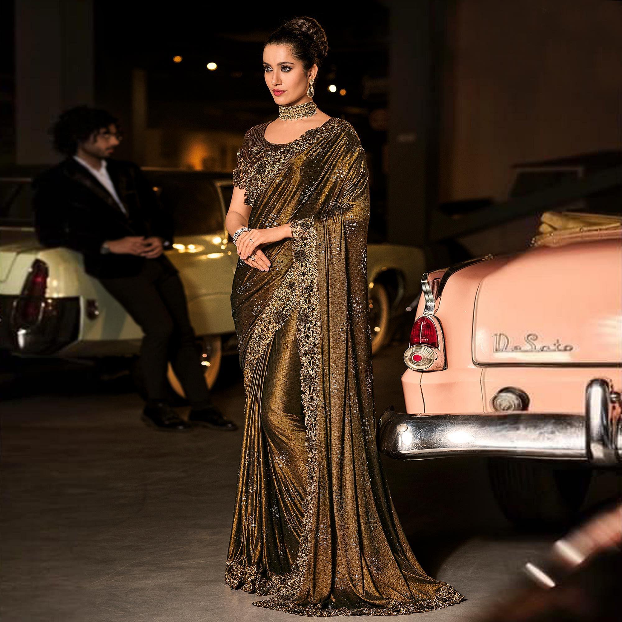 Peachmode Brown Partywear Embroidered Embellished Mirror Work Net Saree - view 4