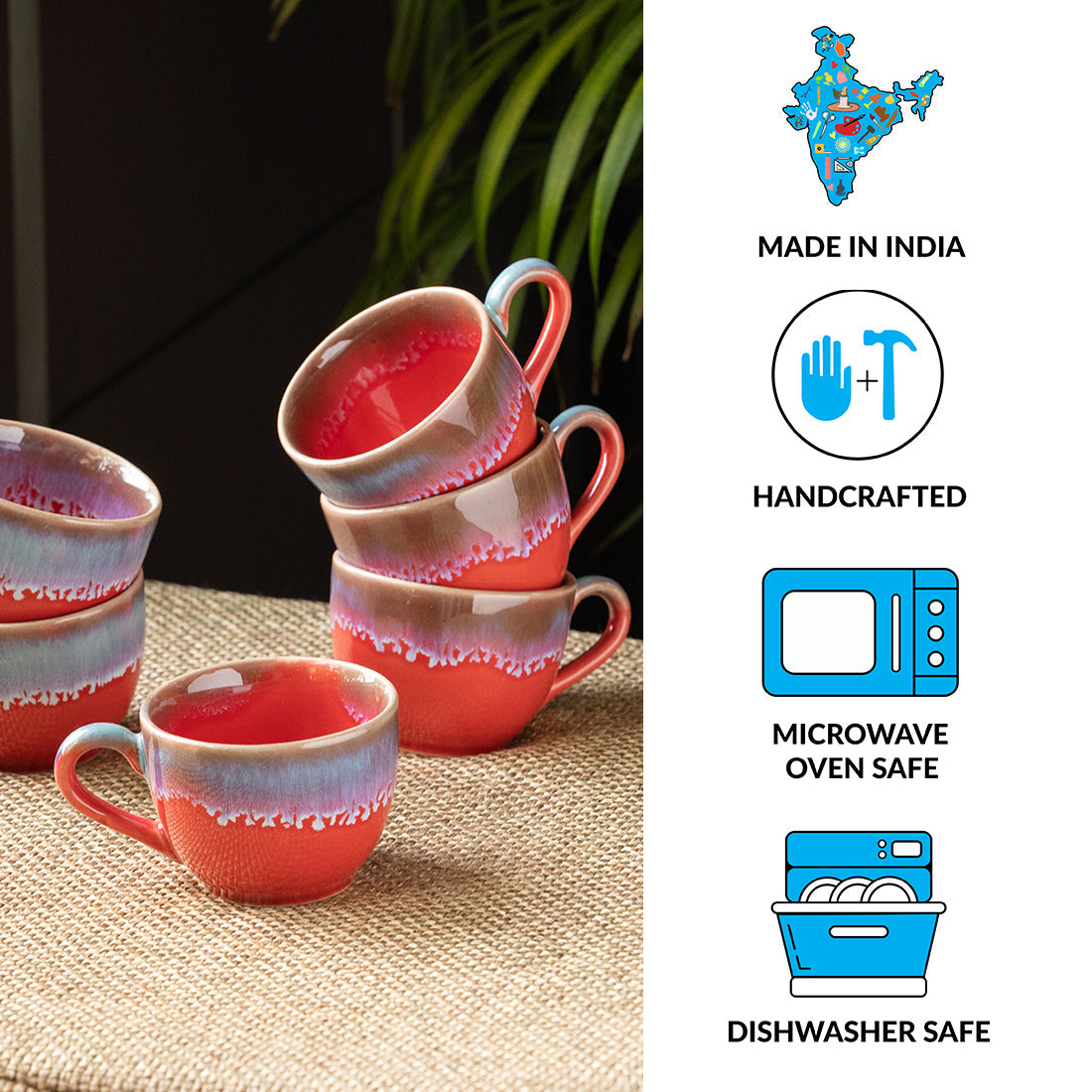 EXCLUSIVELANE 'Coral Reef' Tea Cups In Ceramic (Set Of 6, Hand Glazed Studio Pottery, Red & Cyan Blue) - view 4