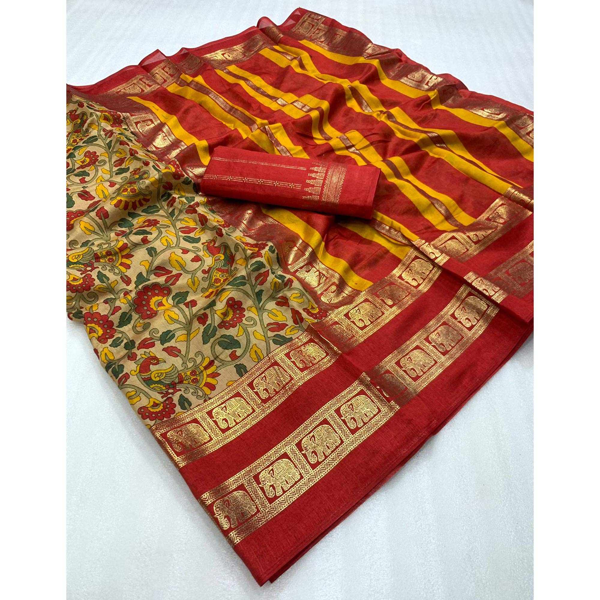 Peachmode Chikoo Floral Kalamkari Printed Dola Silk Saree - view 4