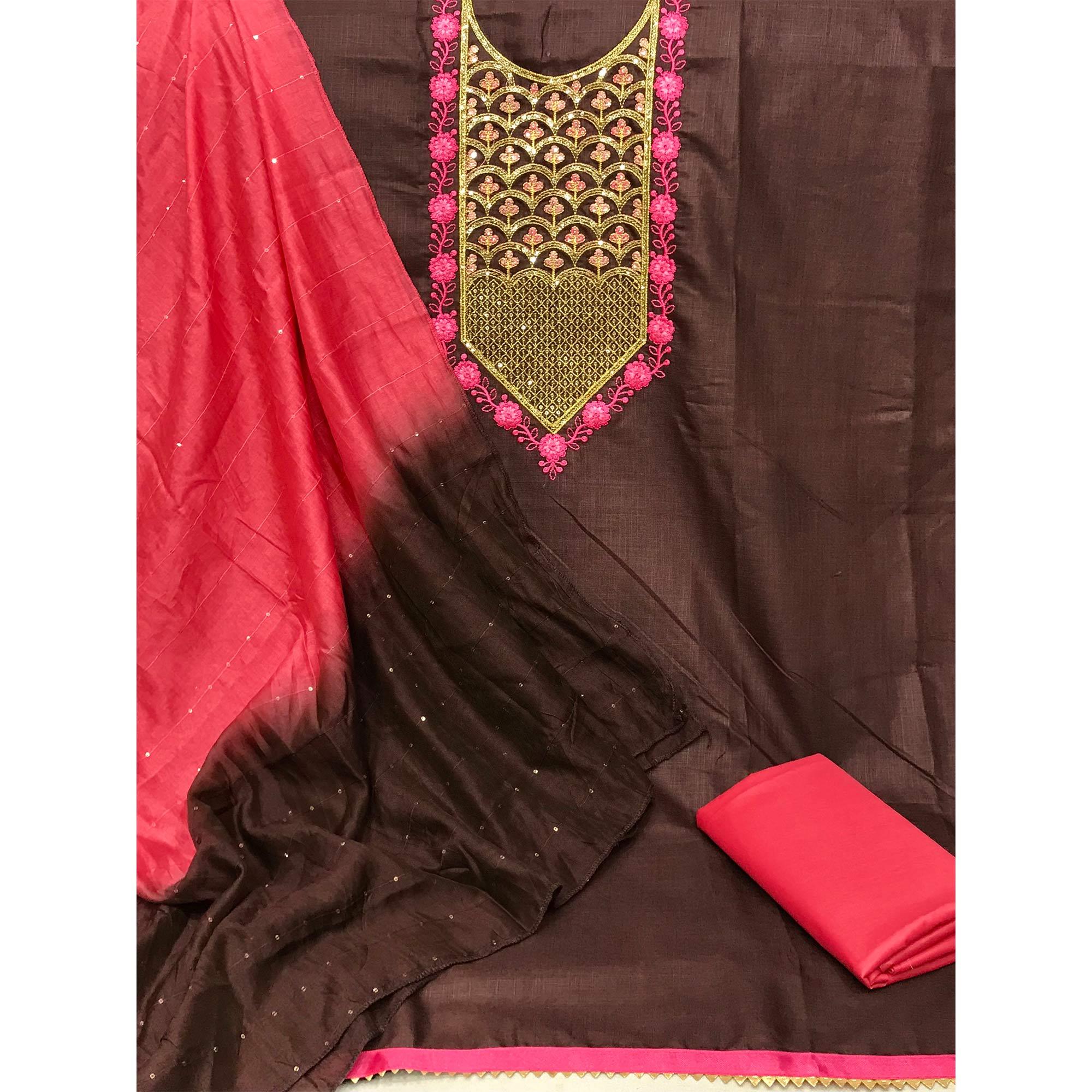 Peachmode Brown Embroidered With Embellished Cotton Blend Dress Material - view 3