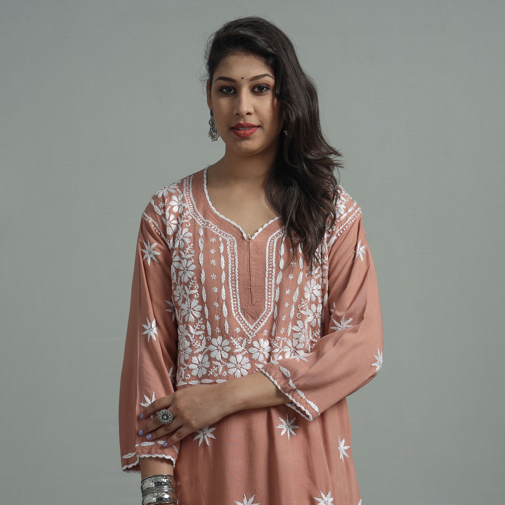 MEHARKI CHIKAN Brown - Chikankari Hand Embroidered Soft Cotton Long Kurta