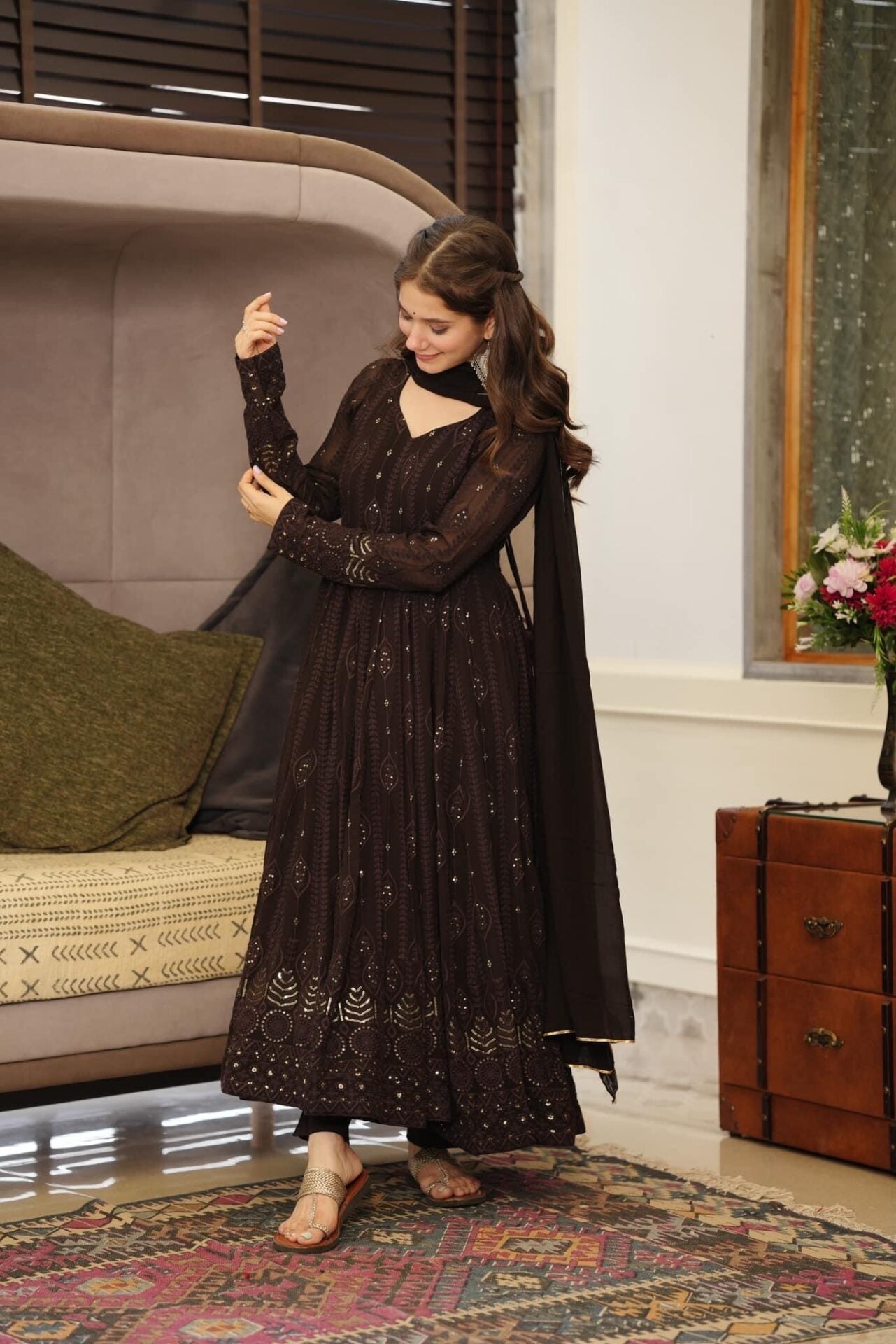 Idaho-o brown embroidered georgette suit set - view 2