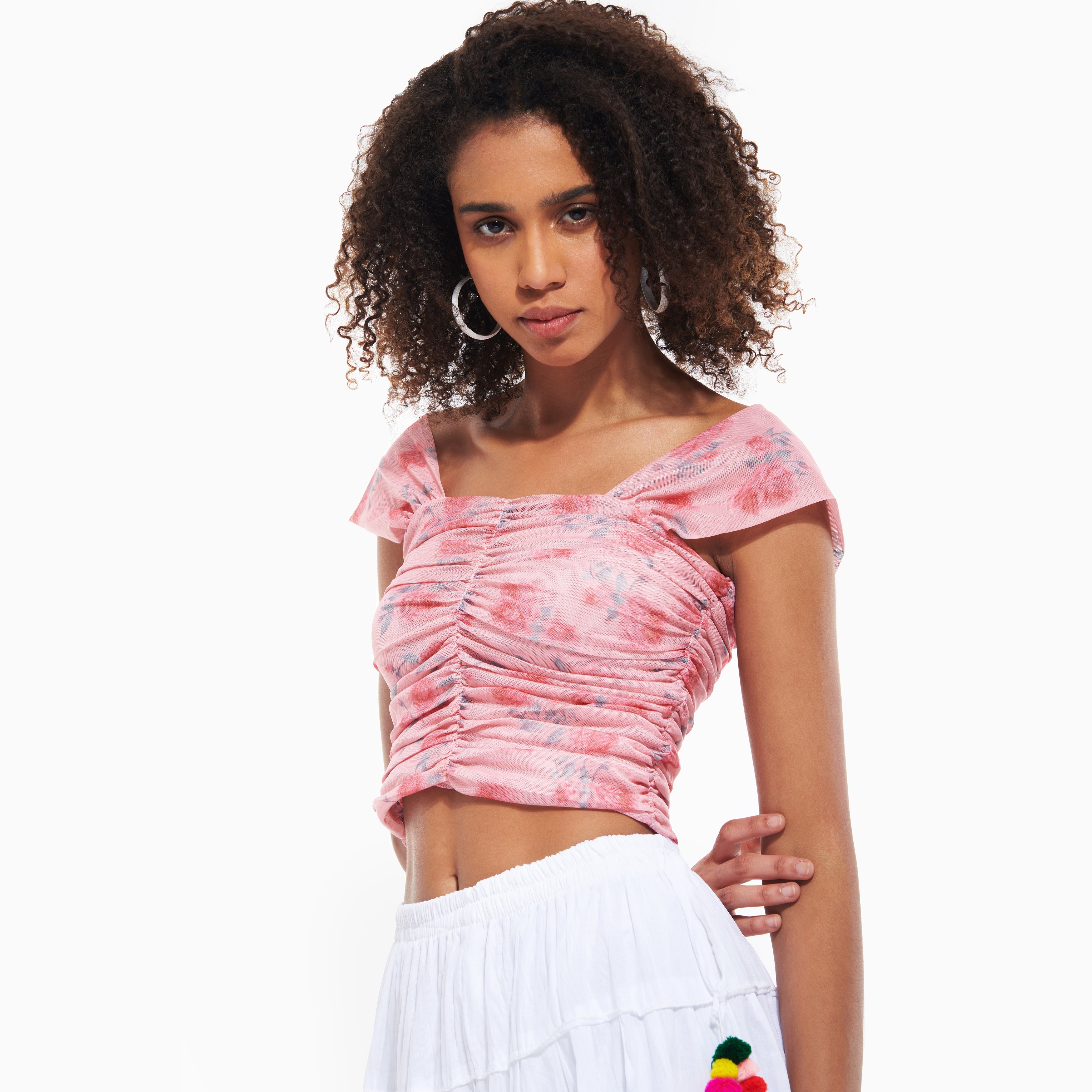Cottage Core Floral Mesh Ruched Top – PIink