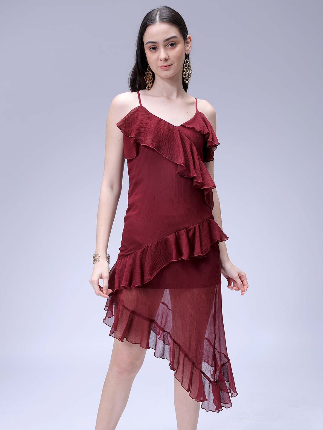 Freehand by The Indian Garage Co Women's Brown Fit and Flare Solid Asymmetric Dress
