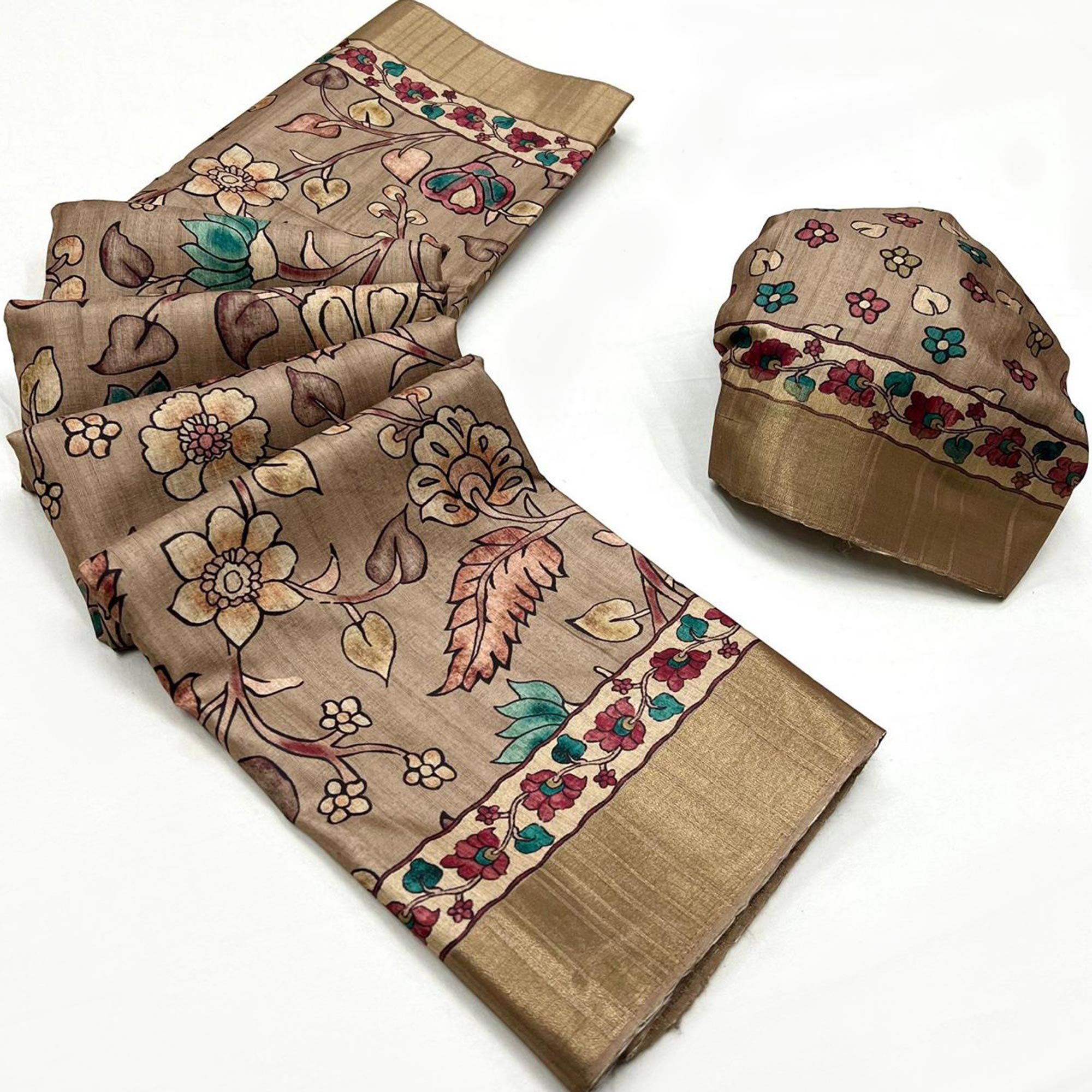 Peachmode Light Brown Floral Digital Printed Tussar Silk Saree