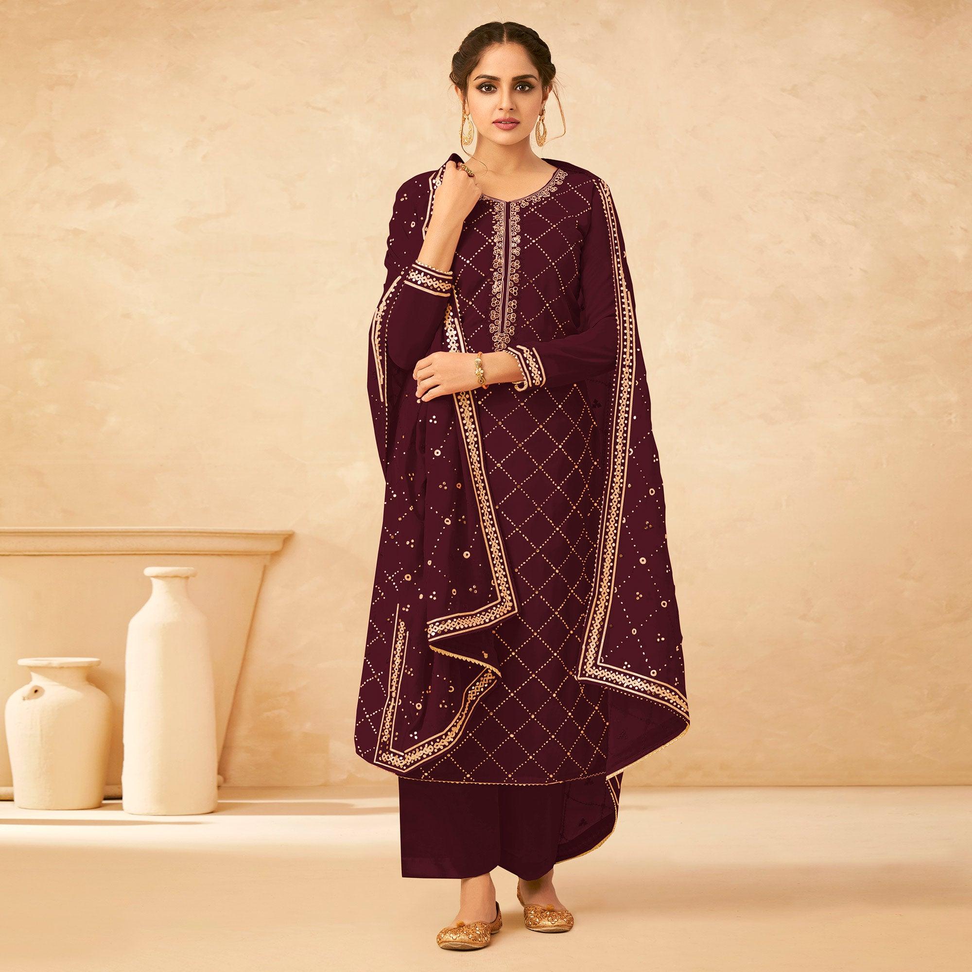 Peachmode Seller Maroon Partywear Embroidered Georgette Palazzo Suit