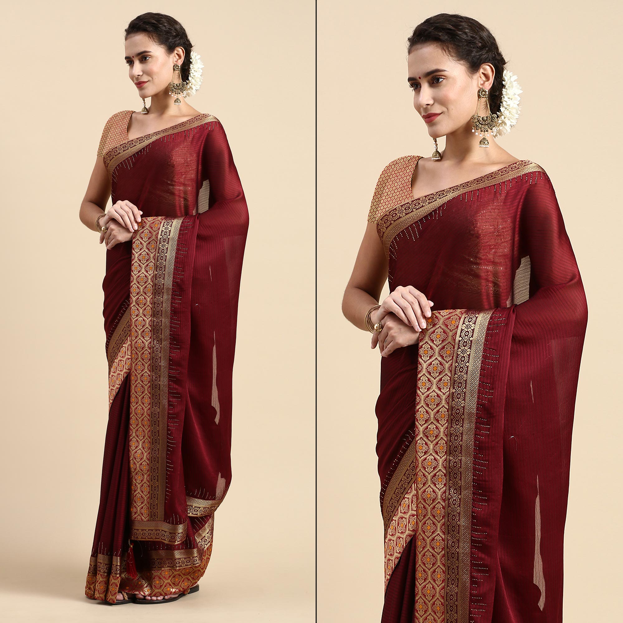 Peachmode Maroon Swaroski Work With Woven Border Satin Saree