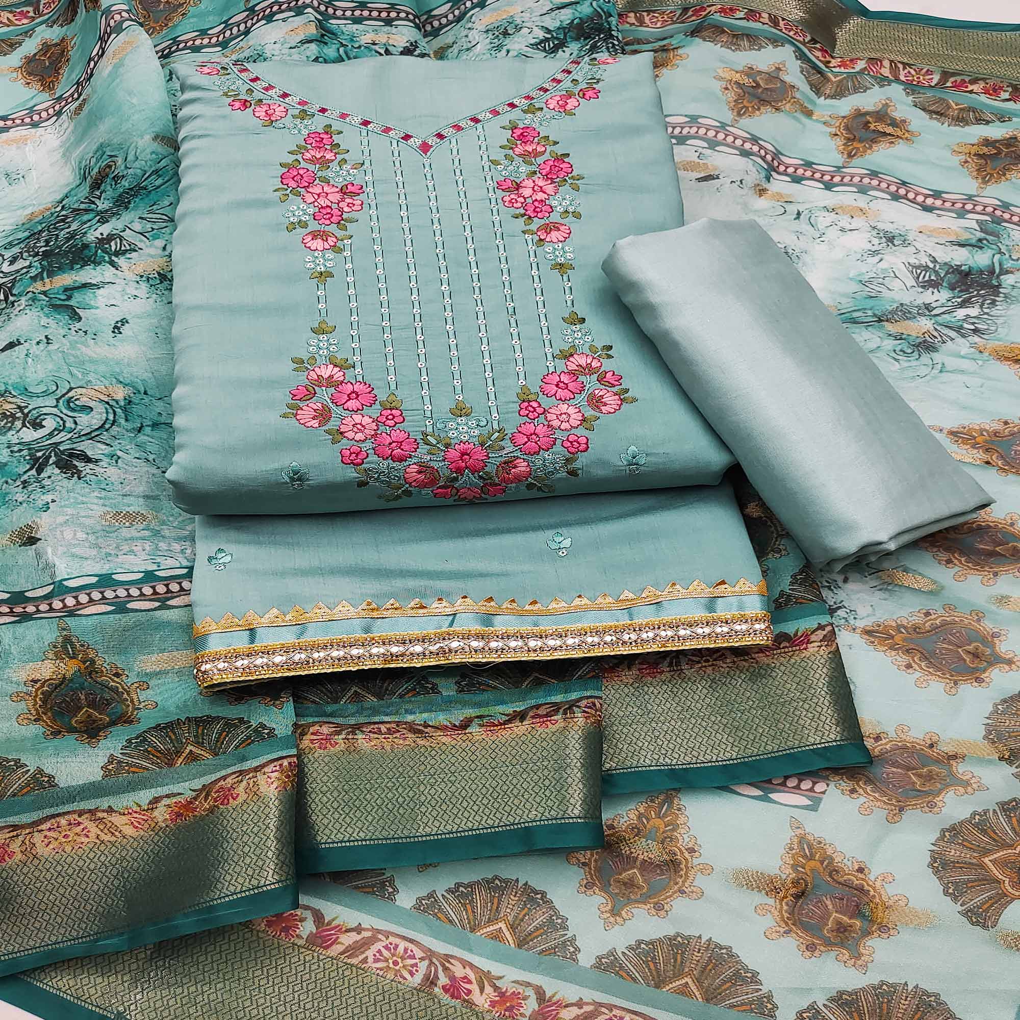 Peachmode Sky Blue Floral Sequins Embroidered Chanderi Silk Dress Material