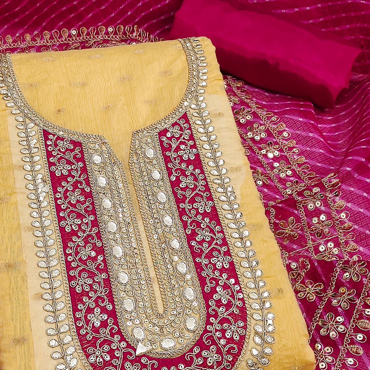 Peachmode Yellow Woven With Sequins Embroidered Modal Chanderi Silk Dress Material - view 2