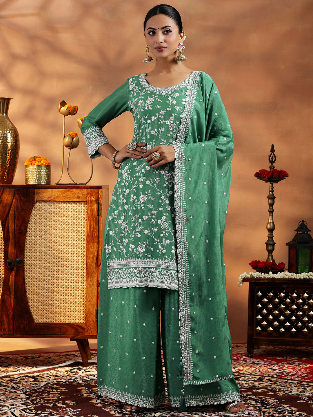Libas Green Embroidered Silk Blend Straight Suit With Dupatta - view 3