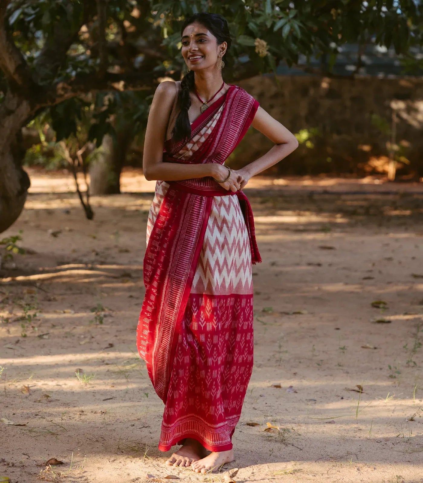 RmKV Crimson & Cream Handloom Orissa Cotton Saree With Tie and dye Chevron ( Vanki ) Motifs