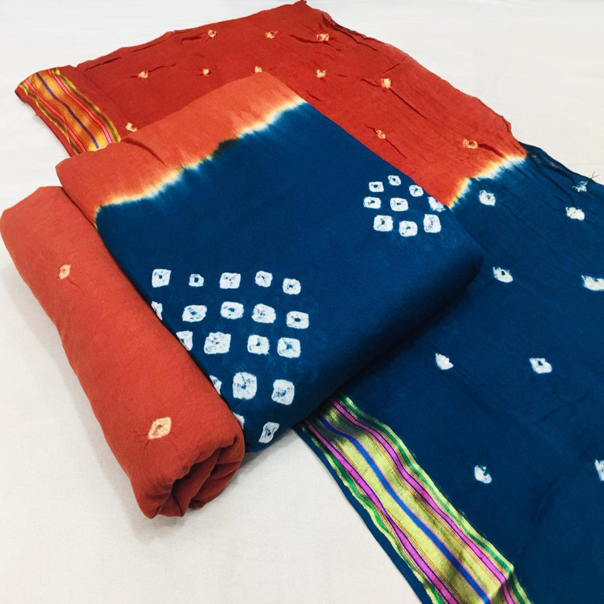 Peachmode Blue-Rust Bandhani Printed Cotton Blend Dress Material