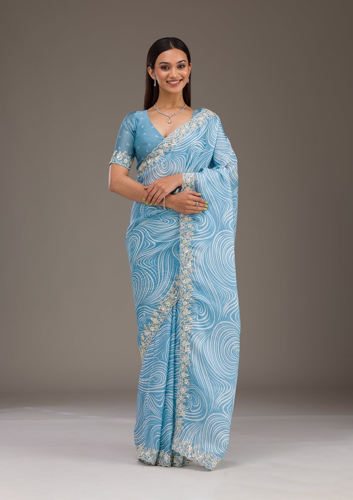 Koskii Sky Blue Zariwork Georgette Saree – Women's