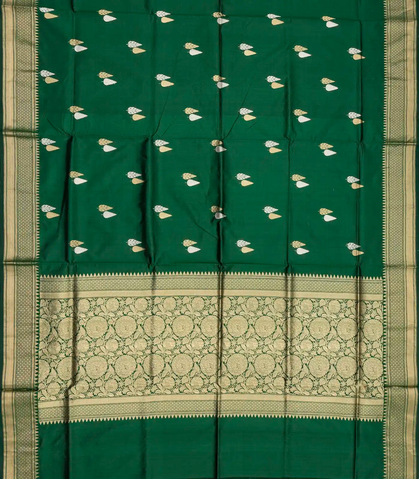RmKV Dark Green Handloom Banarasi Silk Saree With Gold & Silver Zari Buttas - view 6