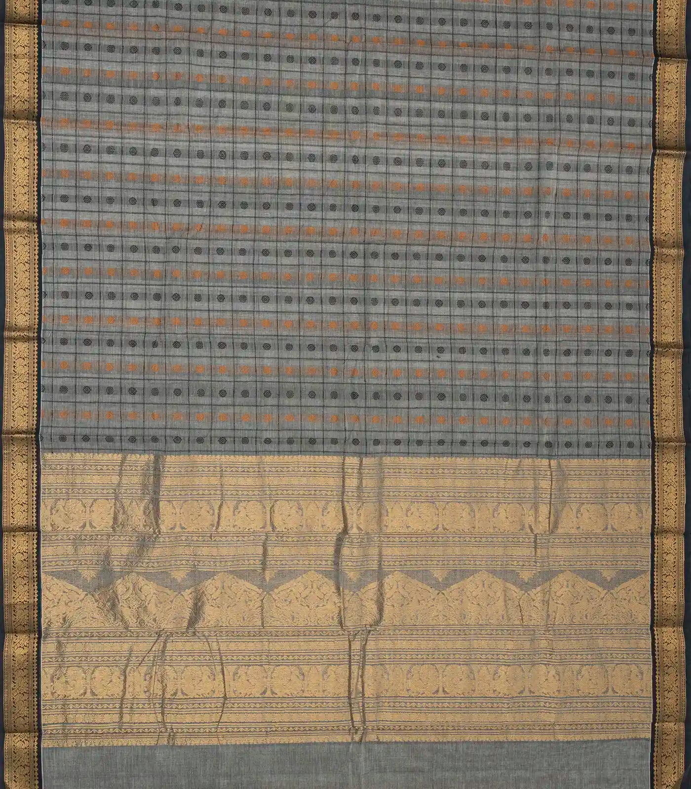 RmKV Grey Handloom Kanchi Cotton Saree With Checks & Chakaram Motifs. - view 2