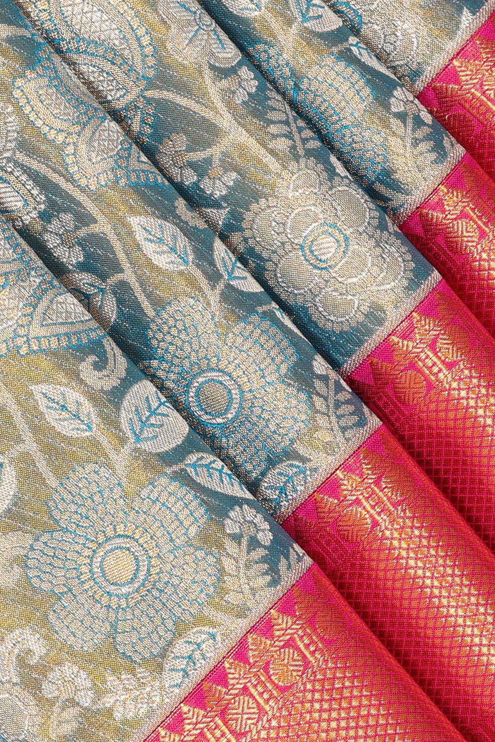 Kalanjali Kanchipattu Bluish Grey Tissue Brocade Saree - view 2