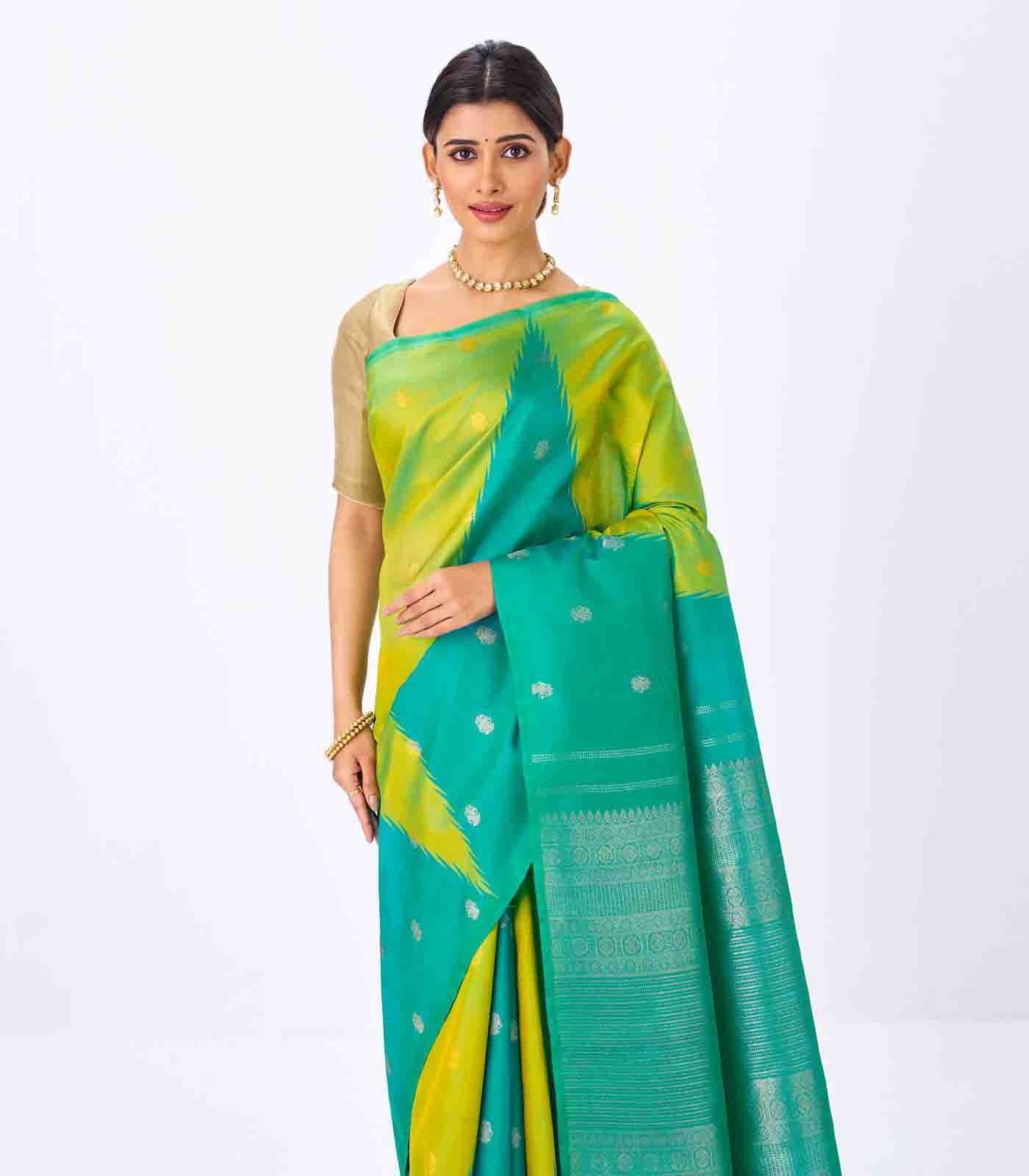 RmKV Aquamarine & Turquoise Handloom Kanchipuram Korvai Silk Saree With Buttas - view 2