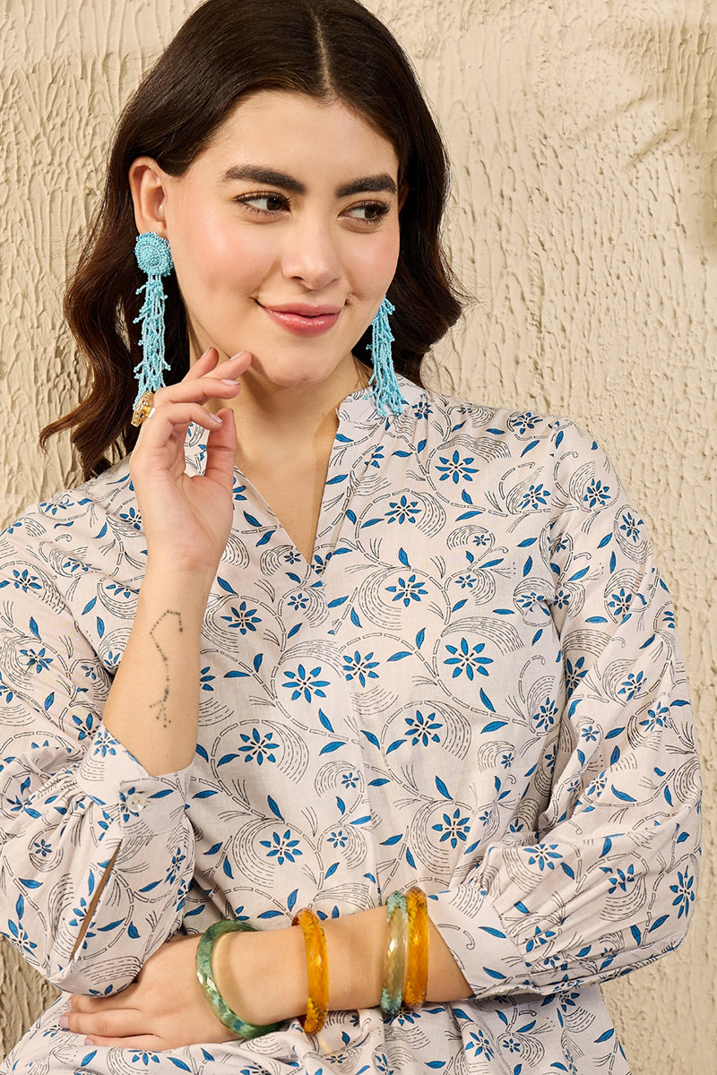 Ahika White Cotton Blend Floral Printed Regular Kurti Tunics VT1362