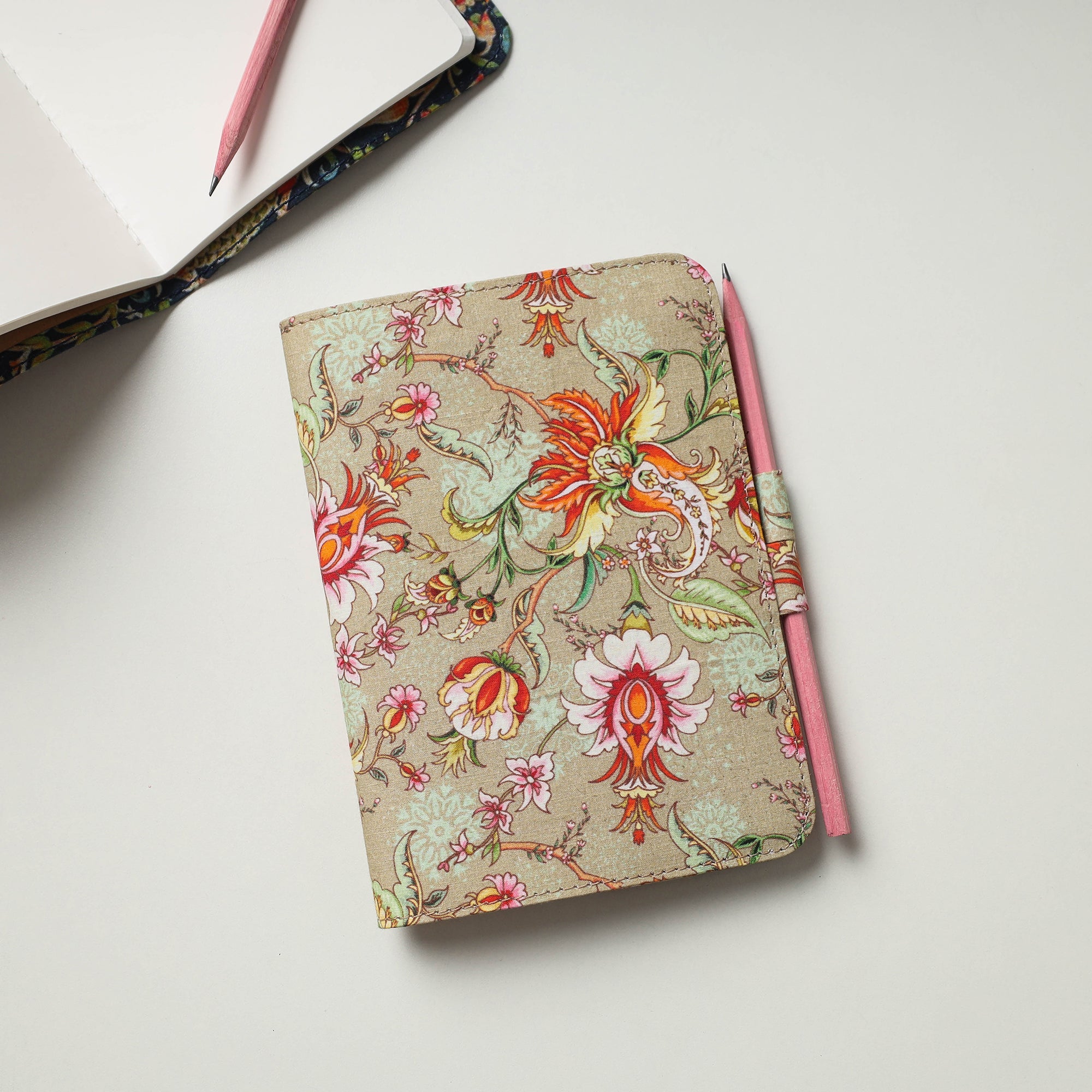 SUKRITI INPRINT Beige - Floral Printed Handmade Classic Notebook with Pencil (Large)