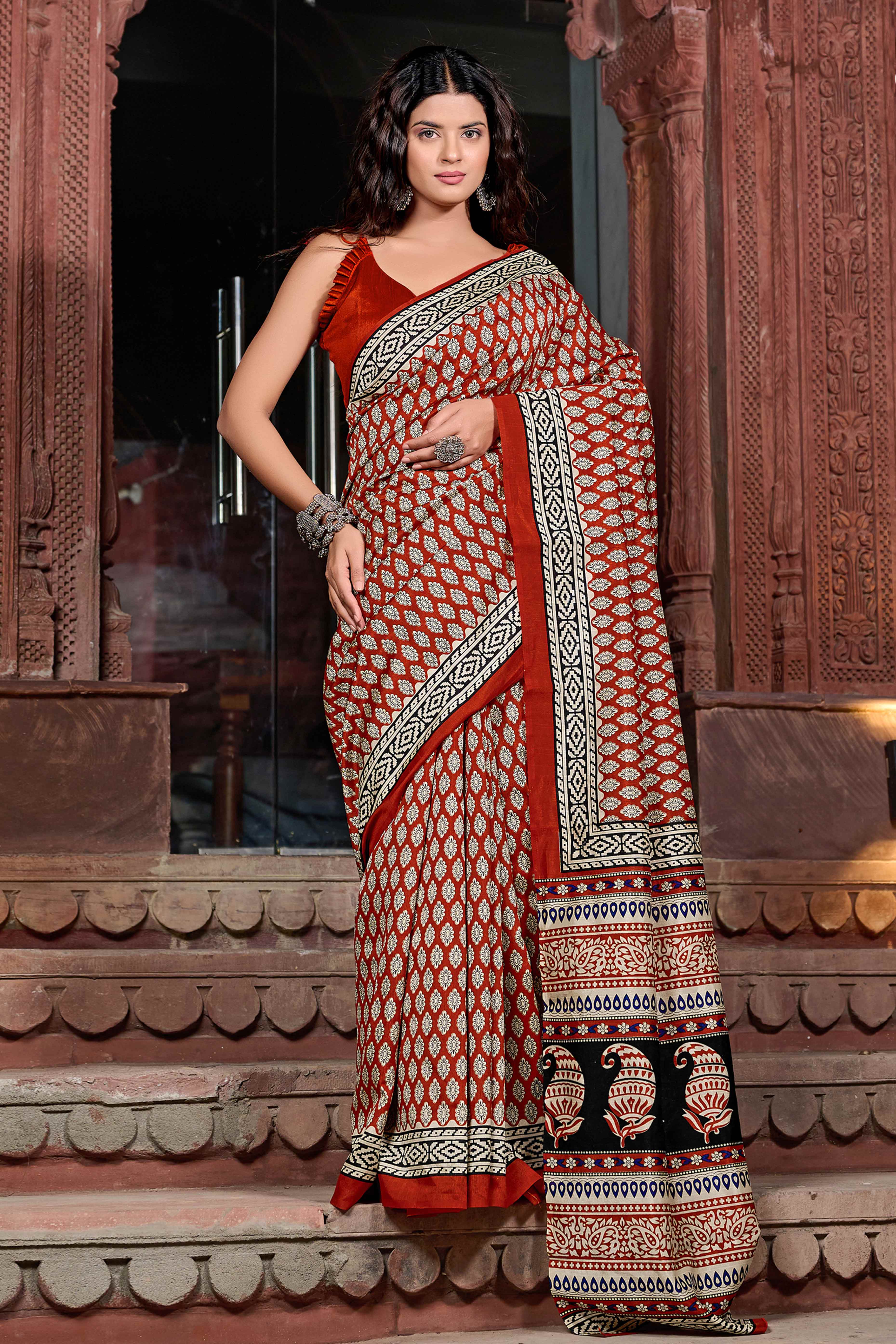 Peachmode Dark Rust Printed Bhagalpuri Silk Saree