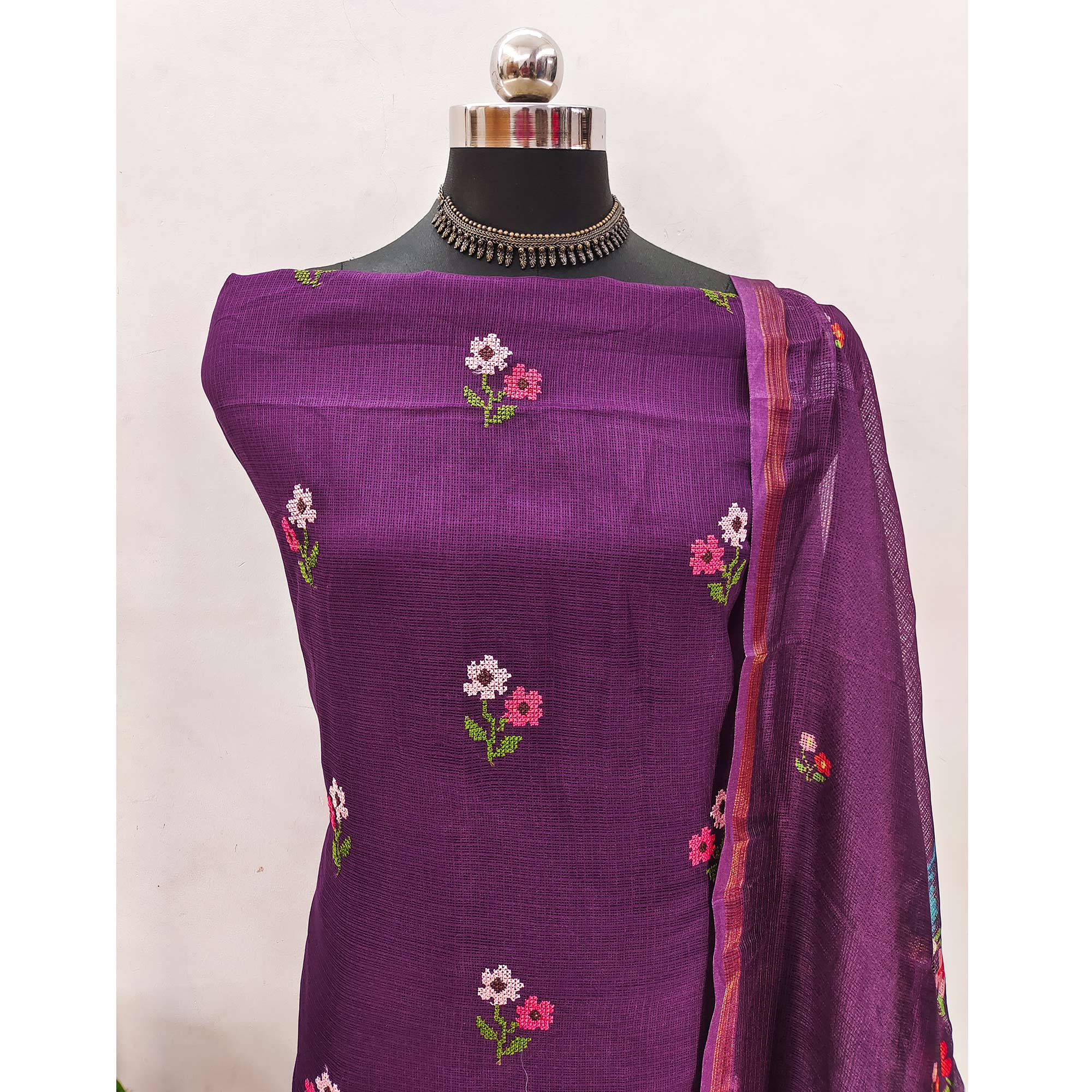 Peachmode Dark Purple Floral Embroidered Kota Doria Dress Material - view 4