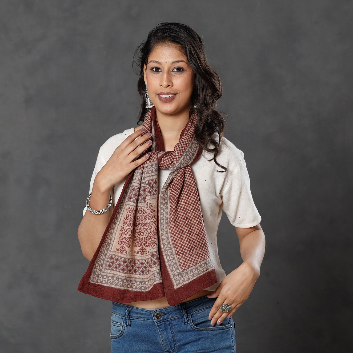 BAGH PRINTS BY MOHAMMED BILAL KHATRI Brown - Bagh Block Printed Natural Dyed Woolen Muffler (61 in) - view 2