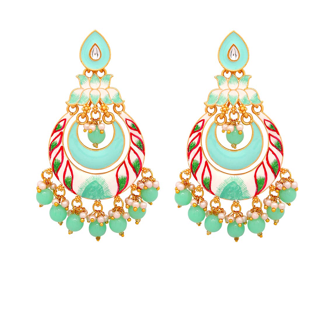 Yellow Chimes Ethnic Gold Plated Traditional Meenakari Floral Design Beads Chandbali Dangler Earrings for Women and Girls, green, medium (YCTJER-760MK