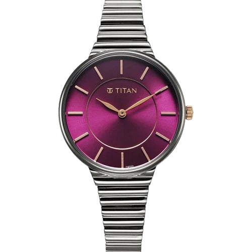 Titan Aura Quartz Analog Purple Dial Stainless Steel Strap Watch for Women 34mm 95245KM01