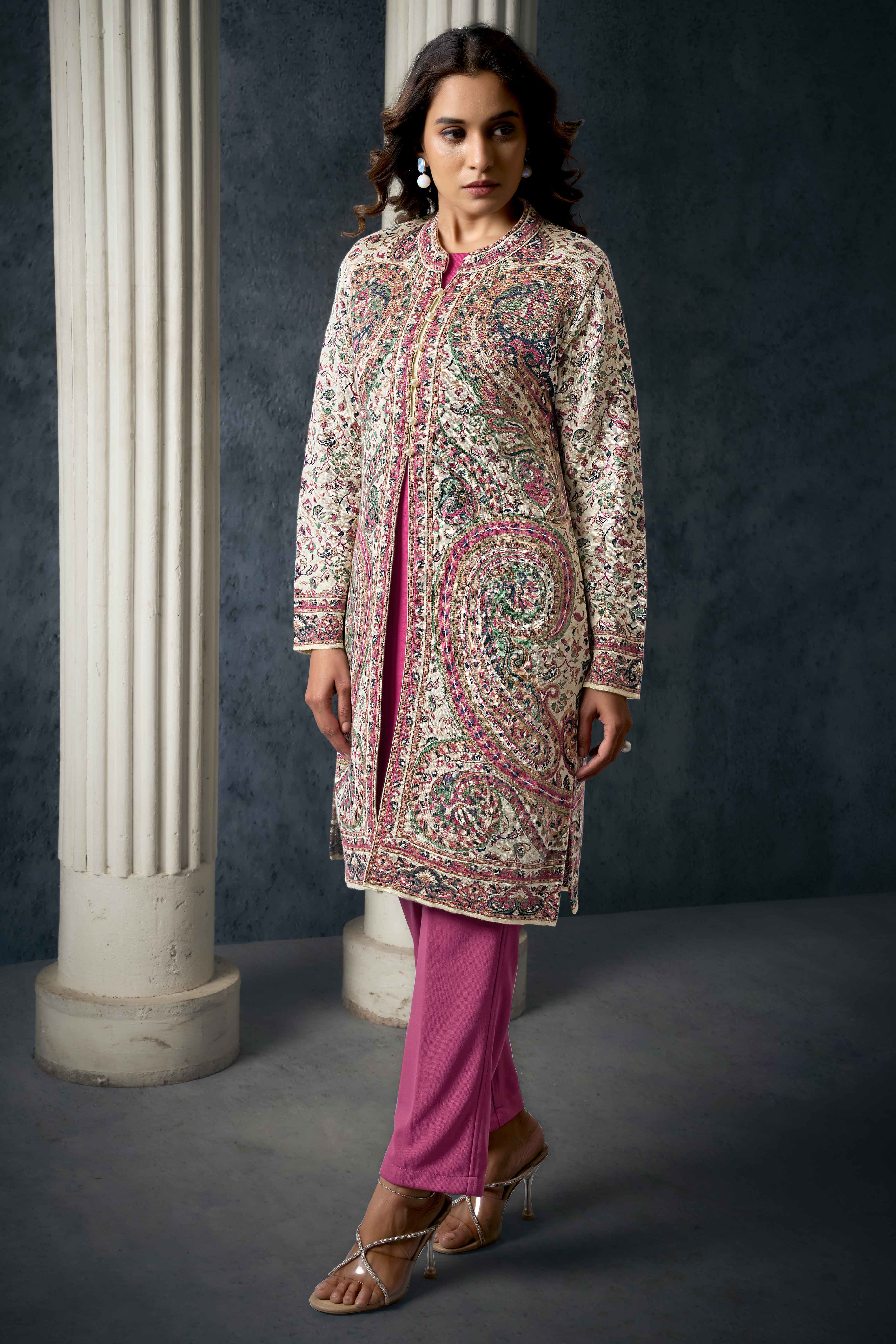 Peachmode Cream Paisley Weaving Woolen Front Slit Top Bottom Set with Jacket