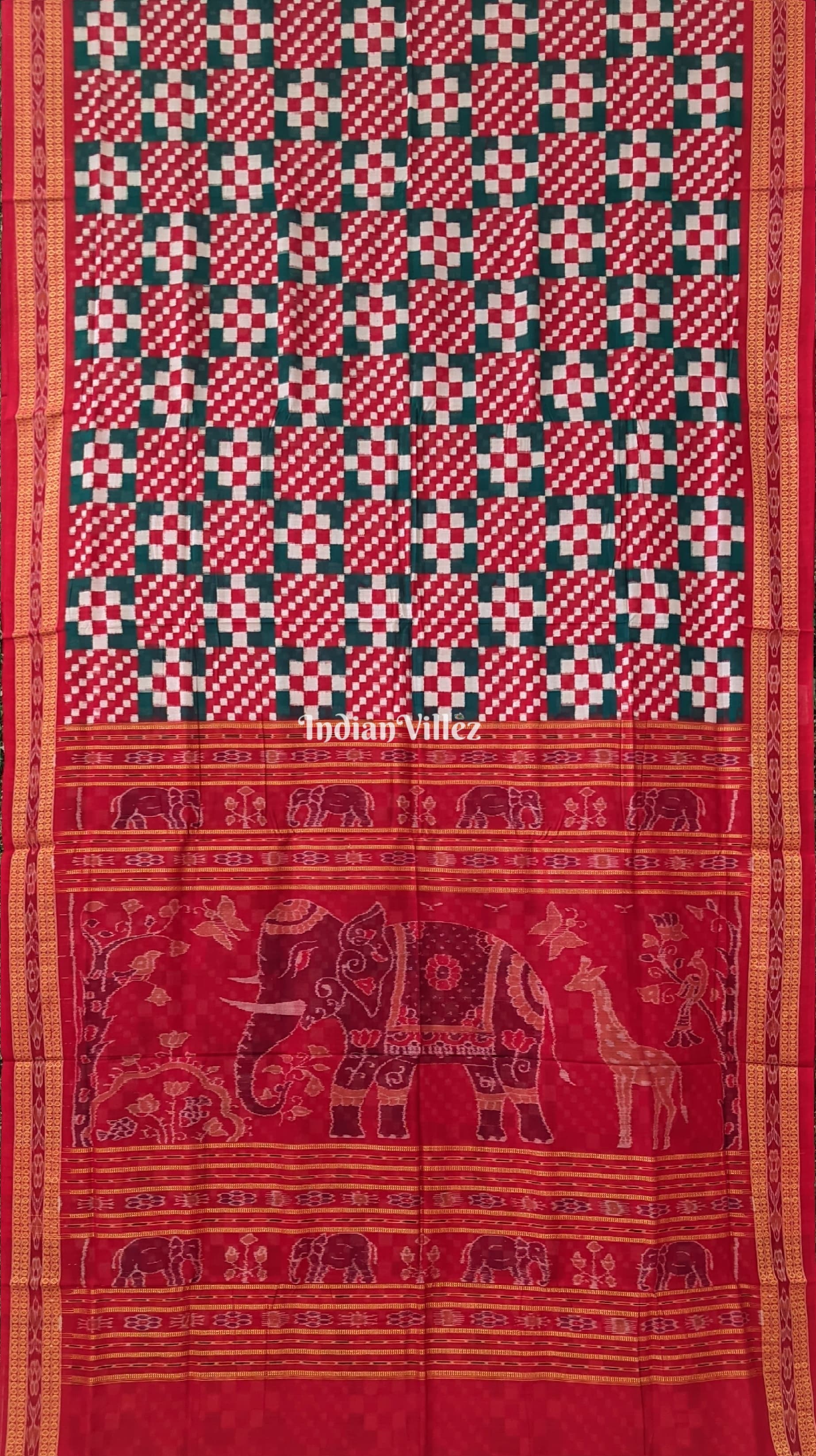 IndianVillèz White Red Pasapali Sambalpuri Cotton Saree