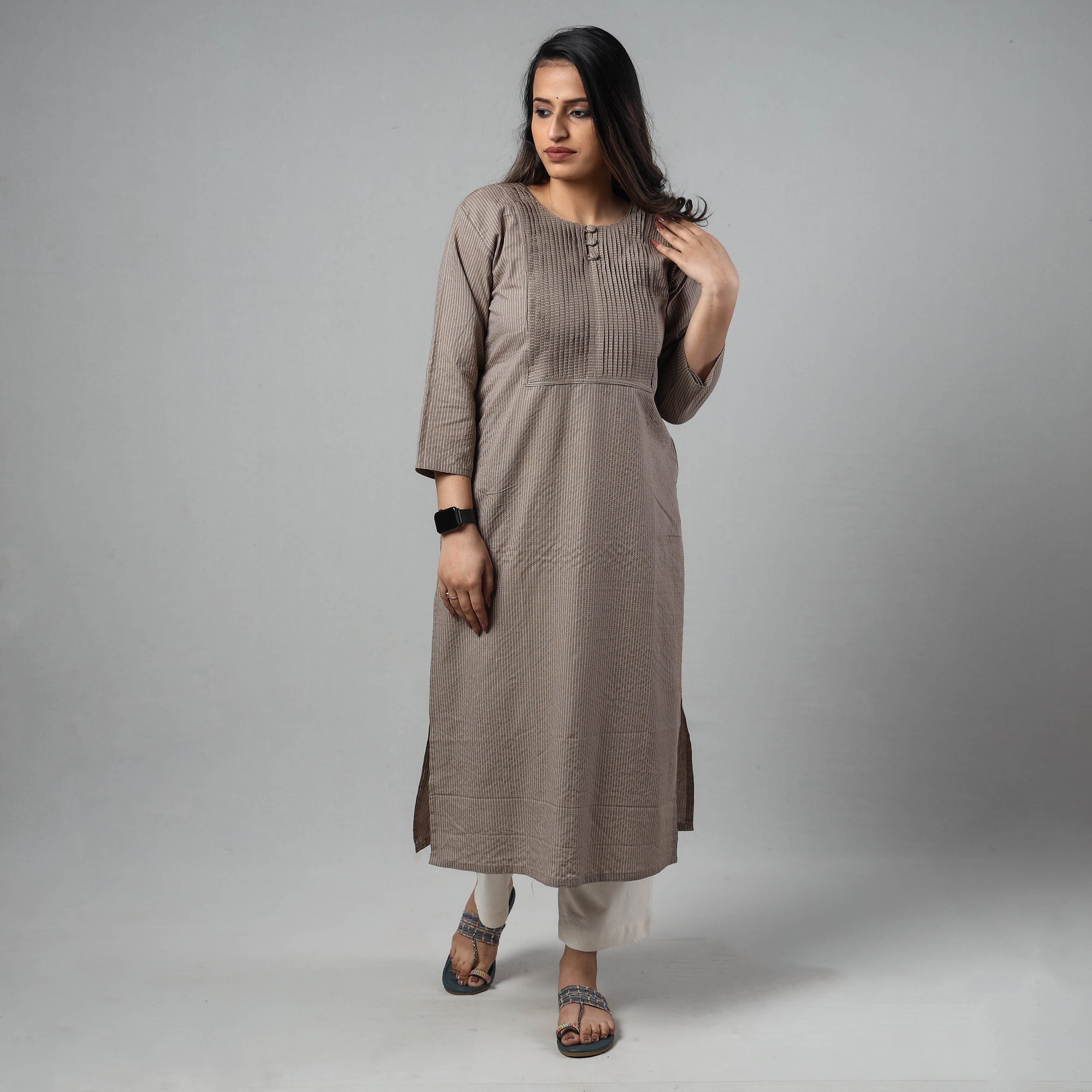 ITOKRI CASUALS Brown - Running Stitch Cotton Long Straight Kurta