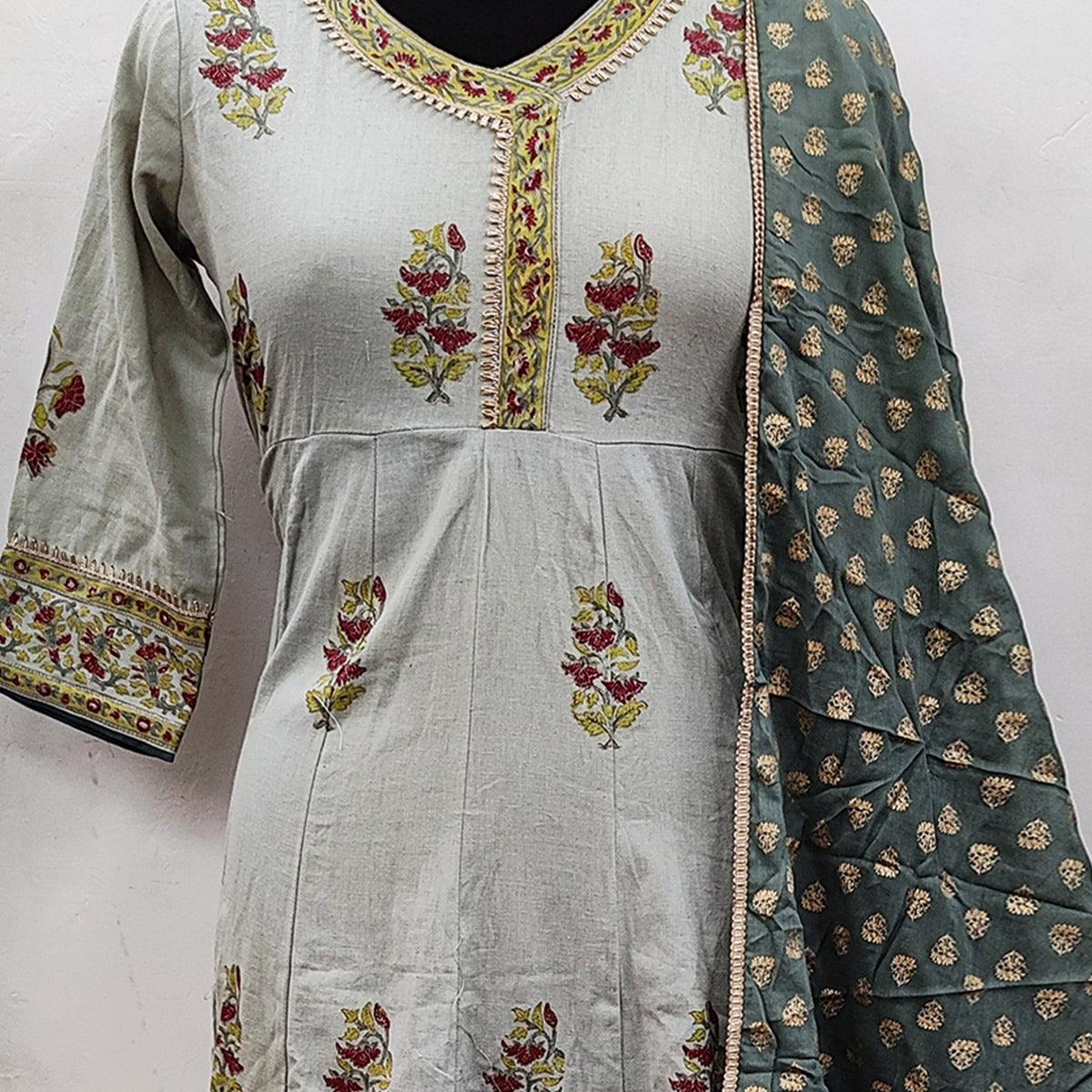 Peachmode Desirable Grey Colored Party Wear Floral Printed Cotton Anarkali Kurti With Dupatta - view 3