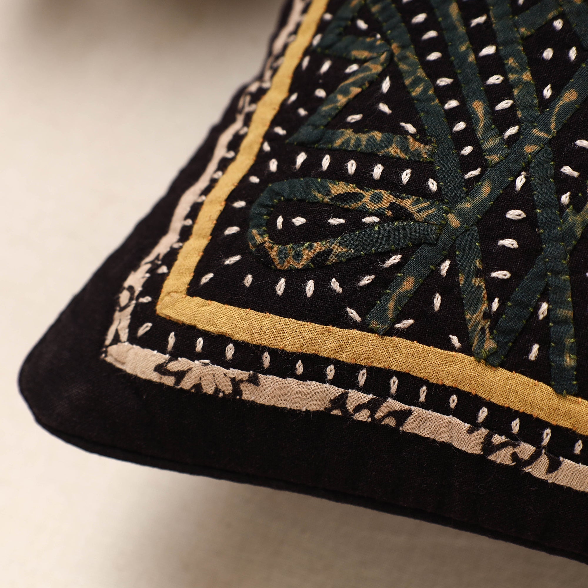 Black - Kala Raksha Rabari Applique Hand Embroidery Cotton Cushion Cover (12 x 12 in) - view 2