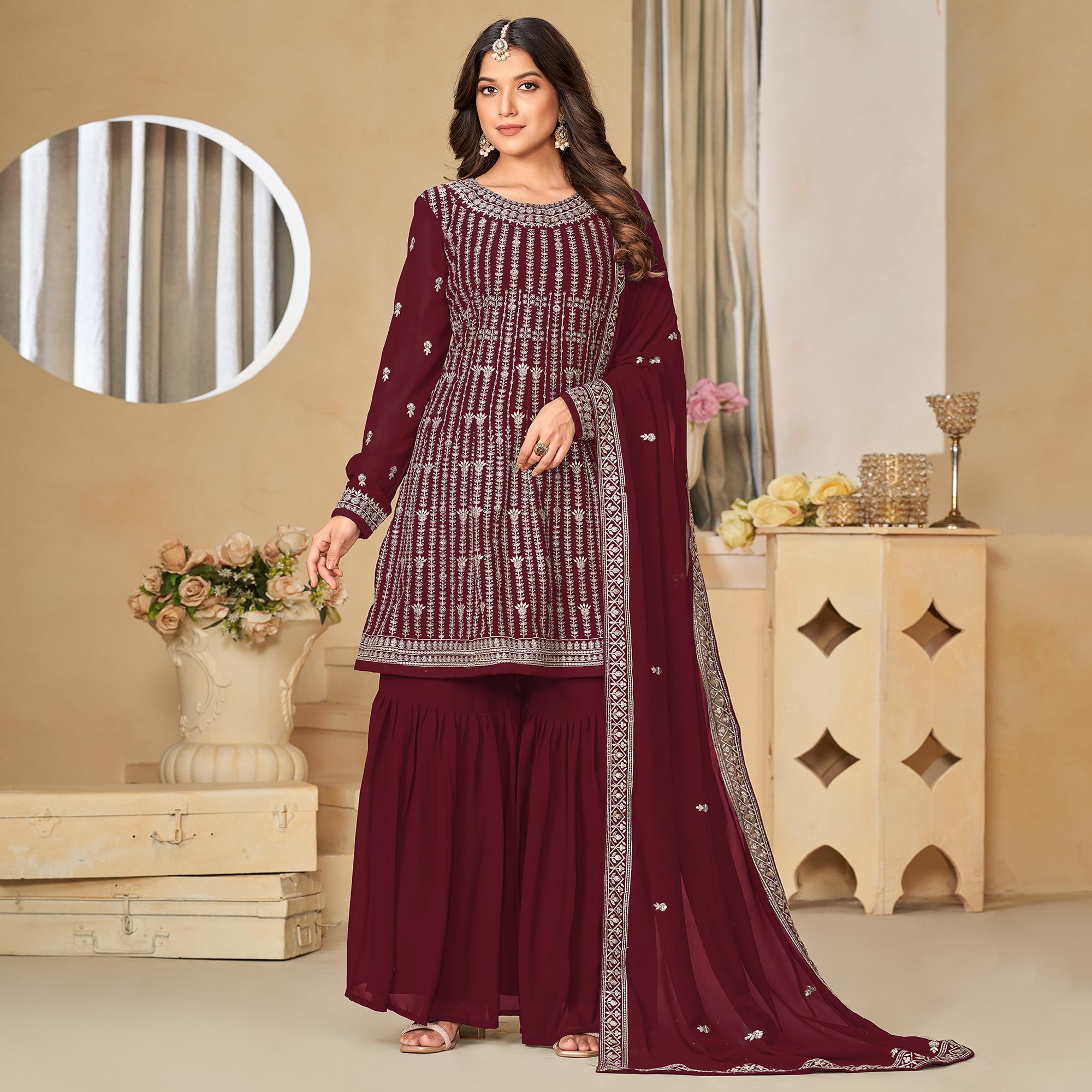 Peachmode Maroon Floral Sequins Embroidered Georgette Semi Stitched Sharara Suit - view 4