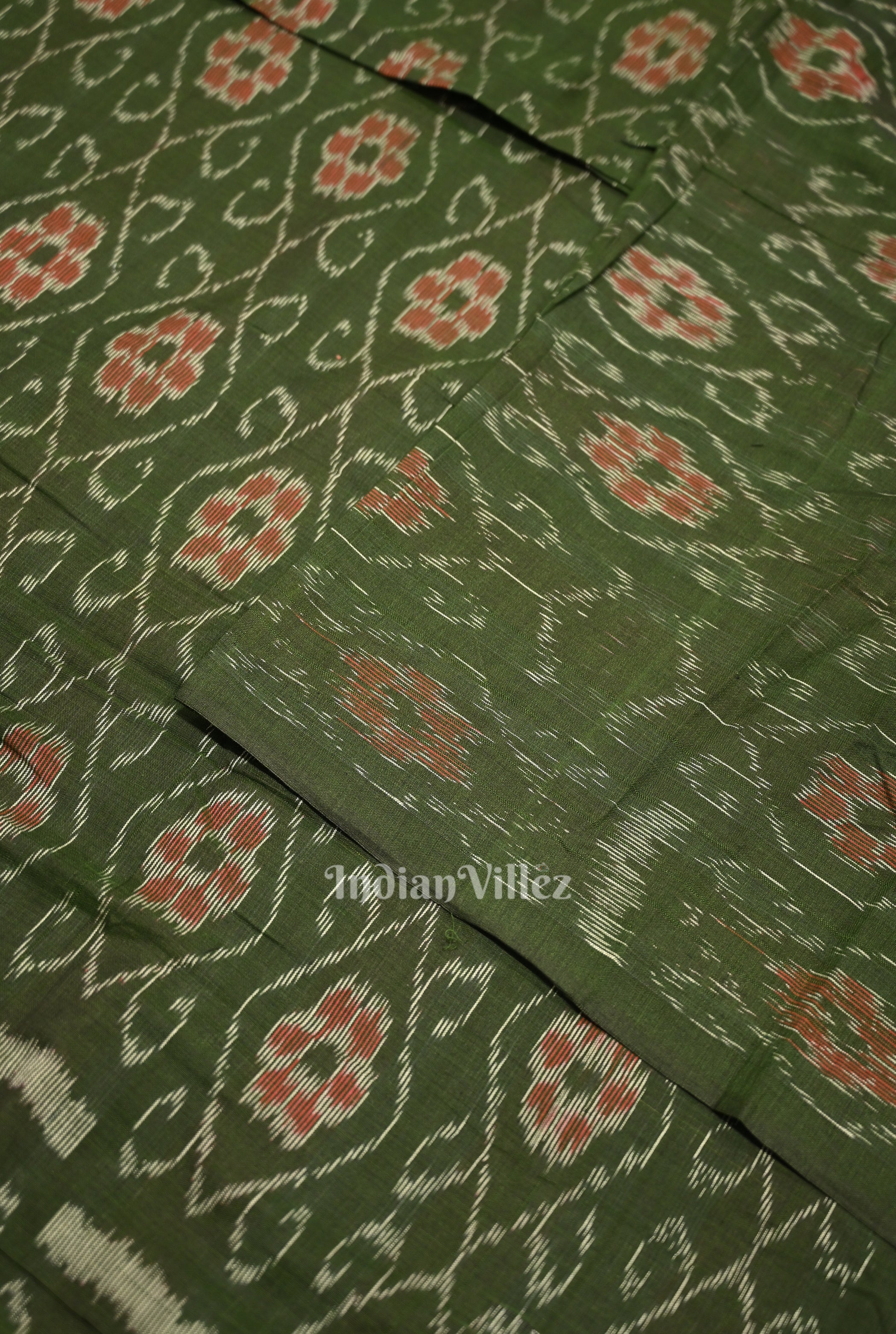 IndianVillèz Mehendi Green Flower Pasapali Design Sambalpuri Odisha Ikat Cotton Fabric - view 2
