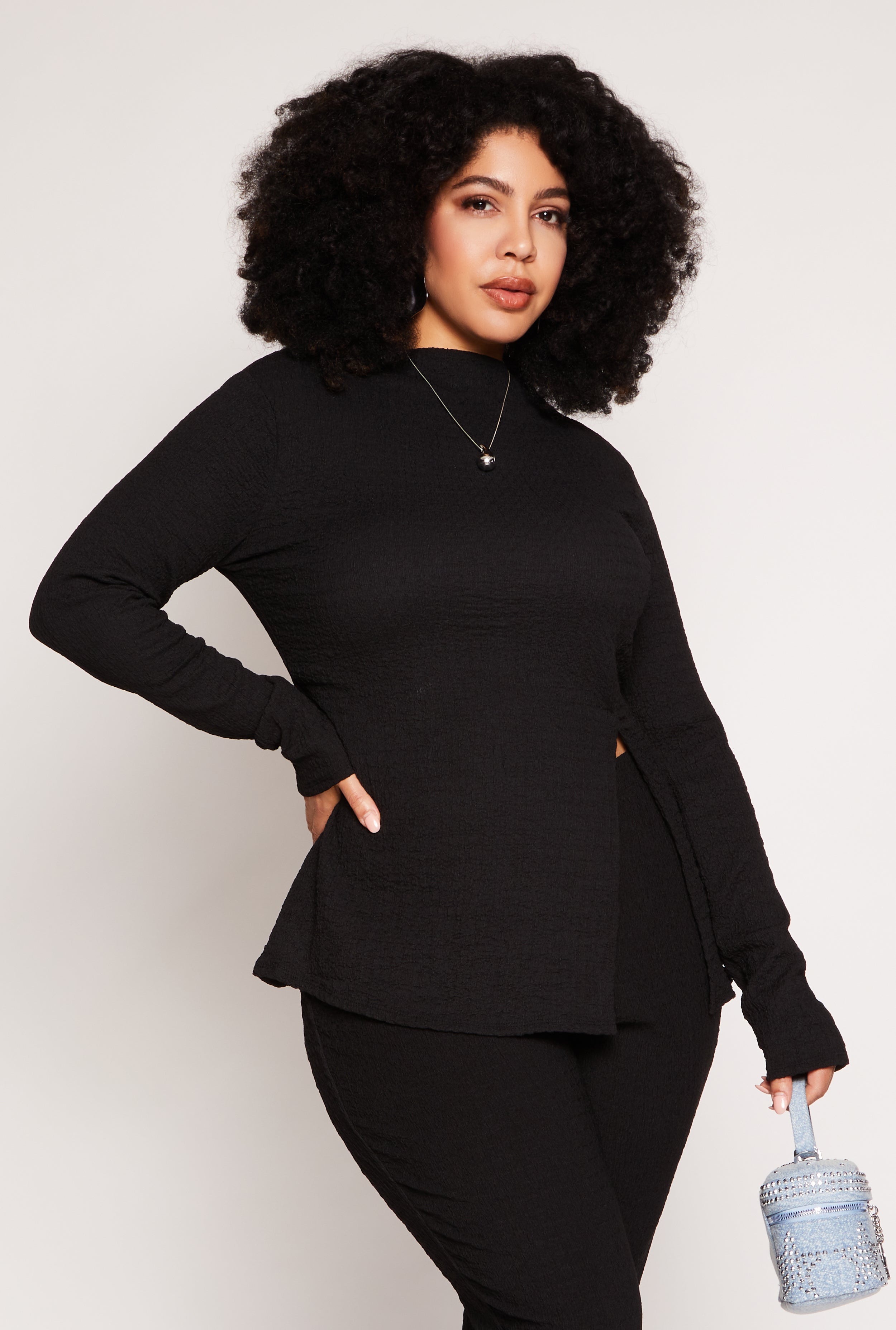 Rainbow Shops Plus Size Textured Knit Side Slit Top