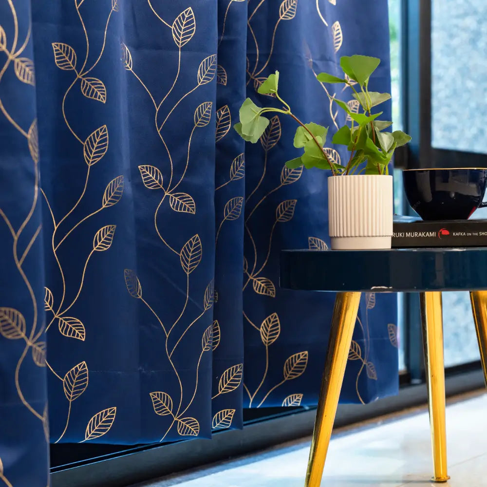 Urban Space -Home Furnishing Store Gold Foil Printed 80-85% Blackout Curtains - Pack of 1 - Leaf- Navy Blue