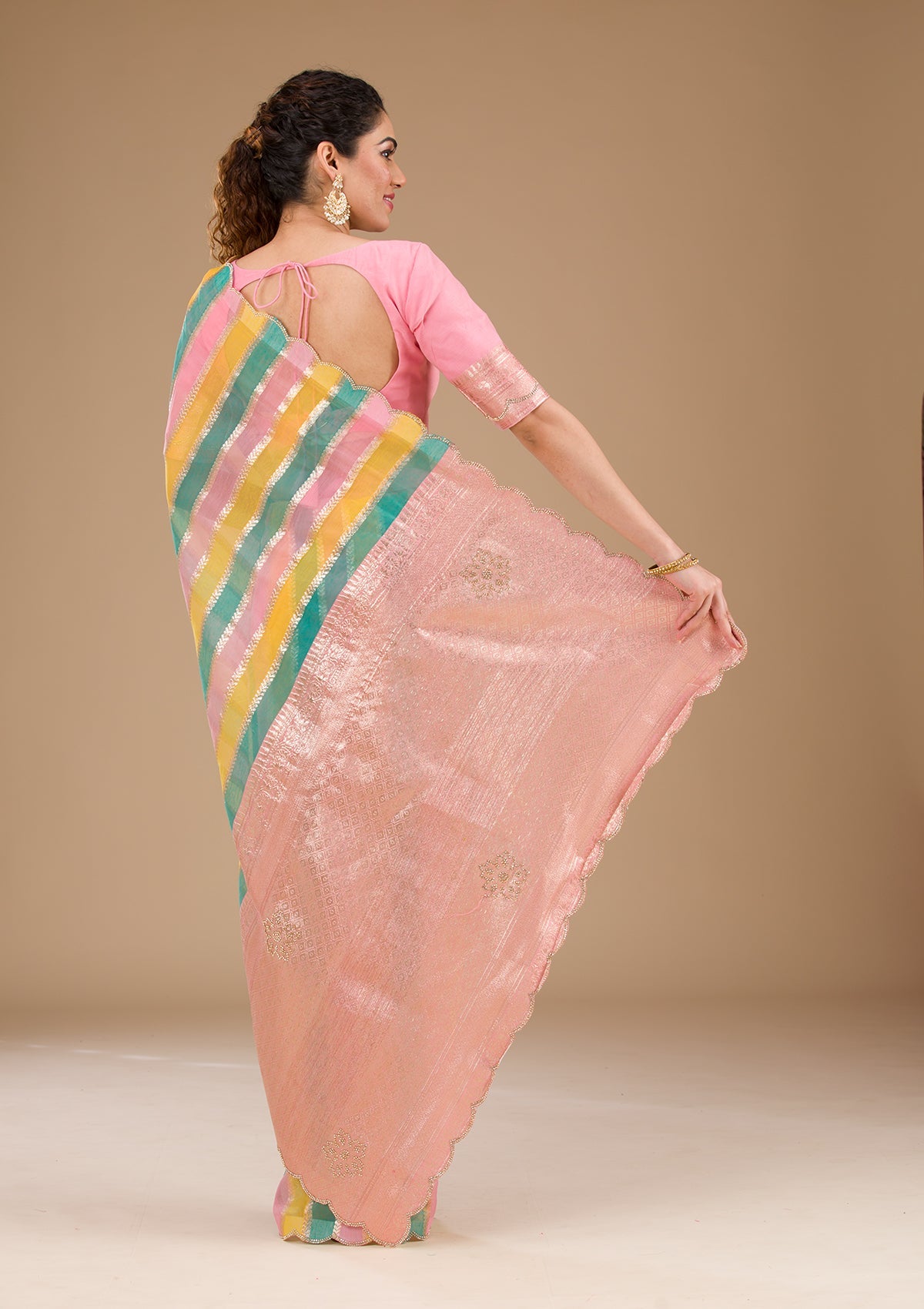 Koskii Onion Pink Zariwork Tissue Saree – Women's - view 2