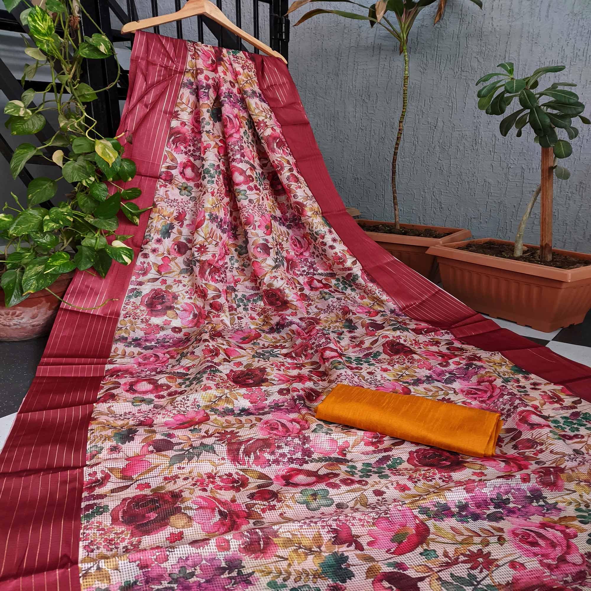 Peachmode Multicolor Festive Wear Floral Digital Print With Woven Border Silk Saree