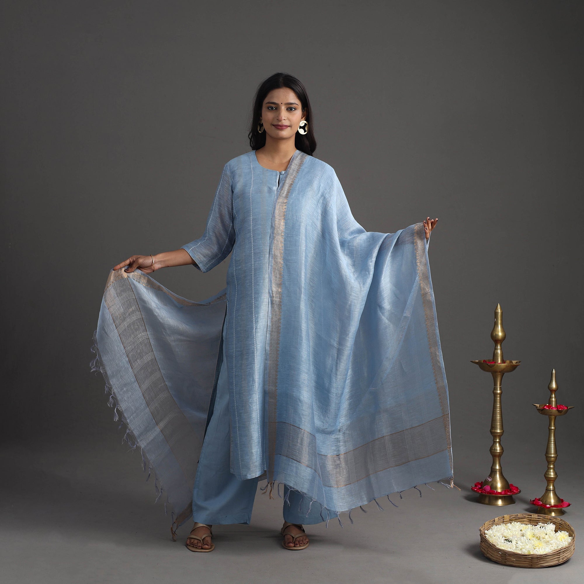 ITOKRI CASUALS Blue - Elegant Linen Silk Handloom Plain Kurta Set 06